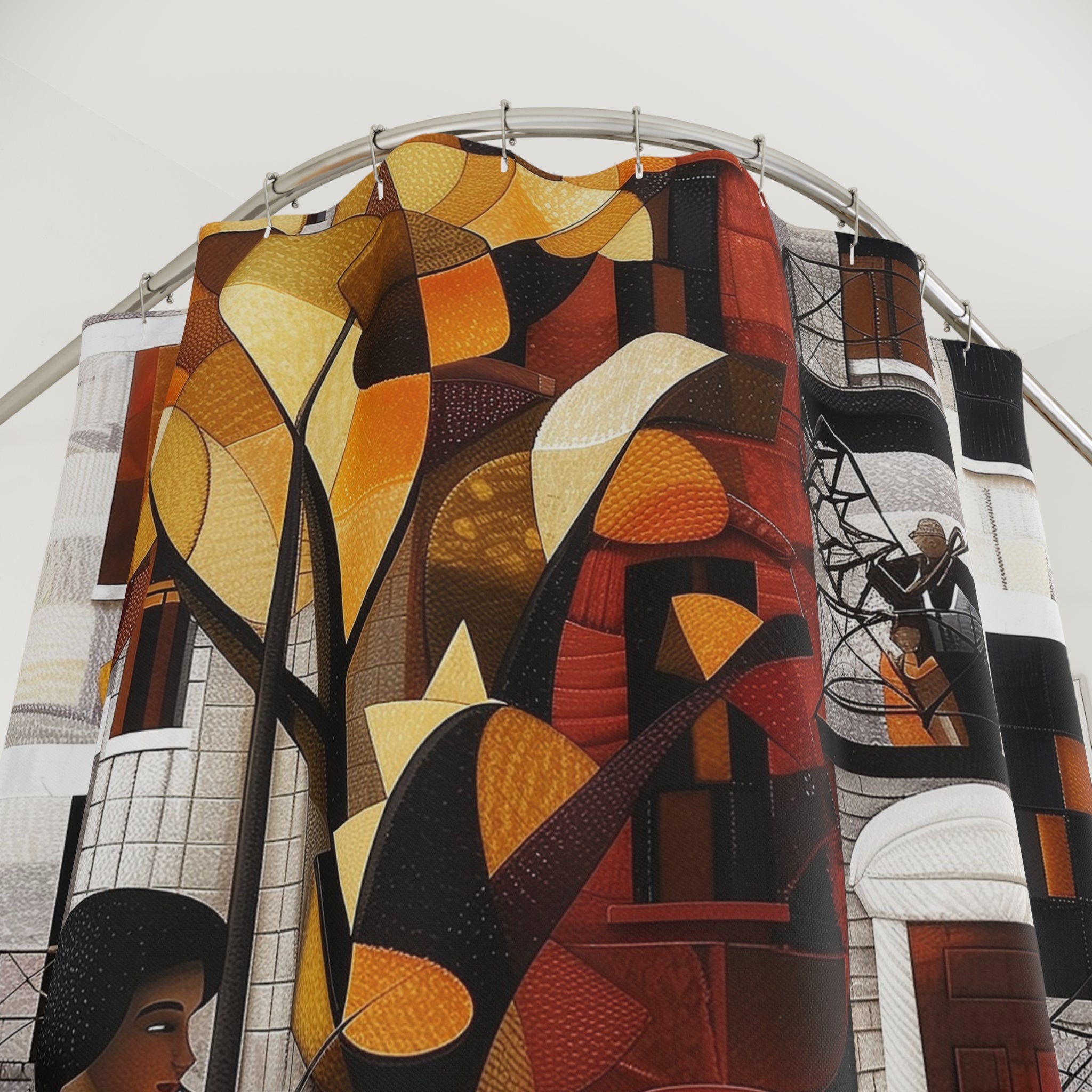 Shower curtain featuring Harlem Renaissance jazz musicians in an Afro Bauhaus bohemian art style; vibrant Afrocentric design perfect for cultural bathroom decor.