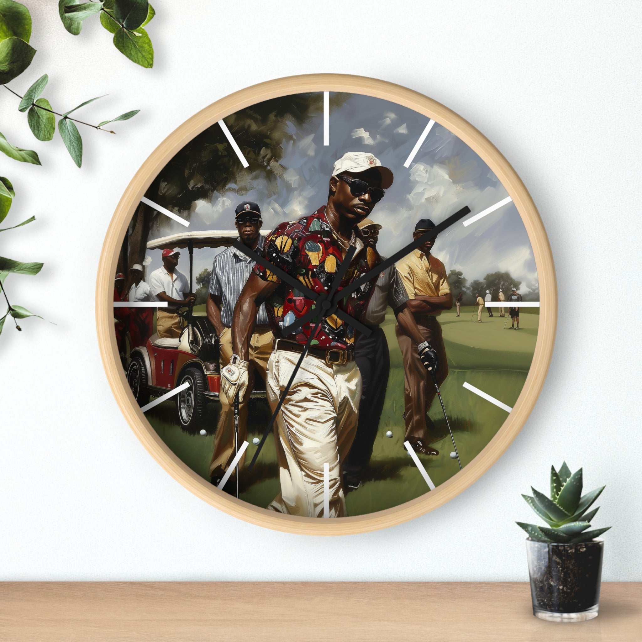 Round wall clock featuring Afrocentric artwork of stylish Black men playing golf on a lush green course, celebrating Black joy, leisure, and brotherhood in a modern fine art style.