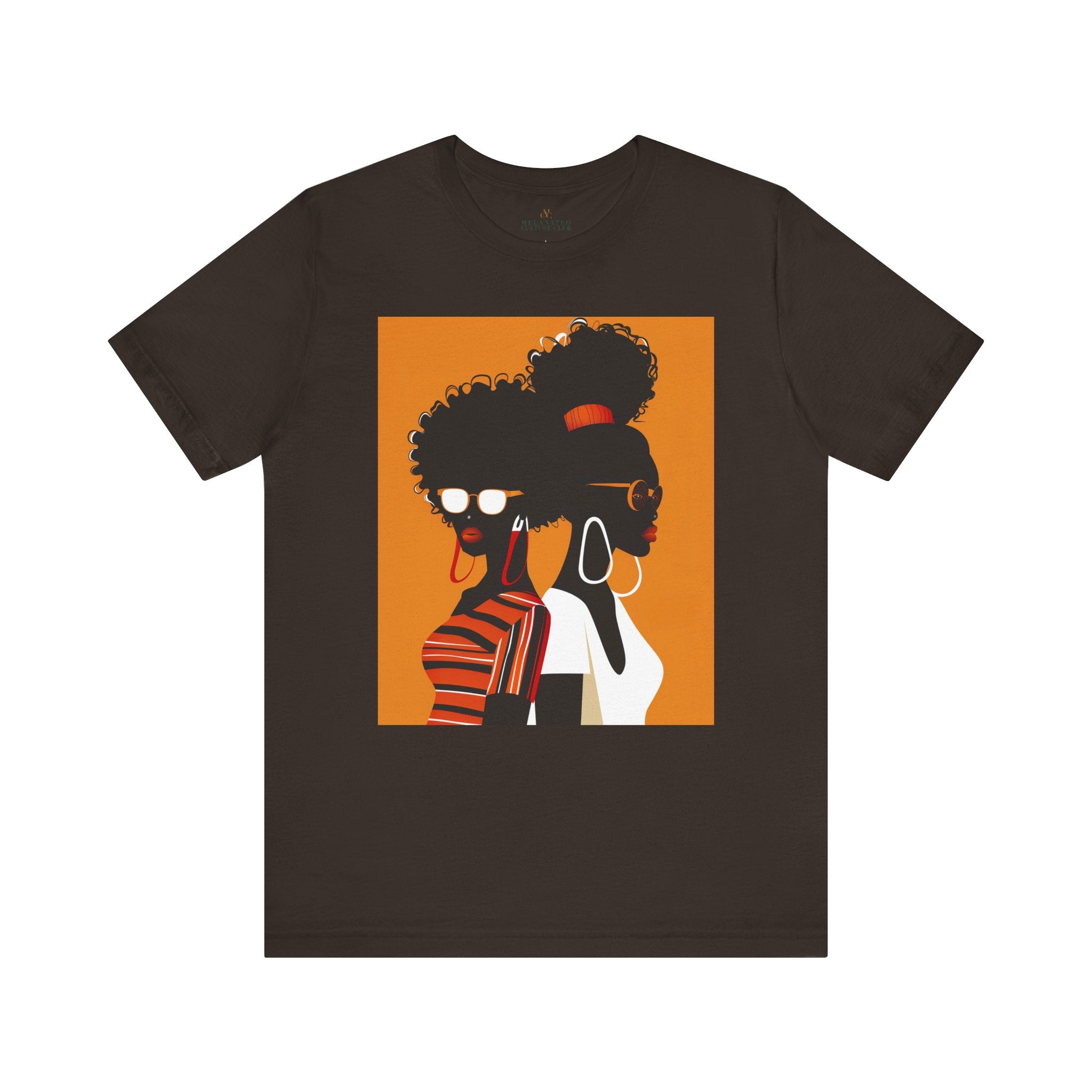 Two Black Women silhouette wearing fashionable eyewear on an orange background, featured on an Afrocentric unisex tee shirt