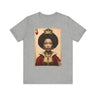 Black Queen of Hearts Tee Shirt featuring an illustrated African American woman with an afro and gold crown, styled as the Queen of Hearts playing card. Afrocentric vintage-inspired streetwear design in bold red, gold, and black colors.