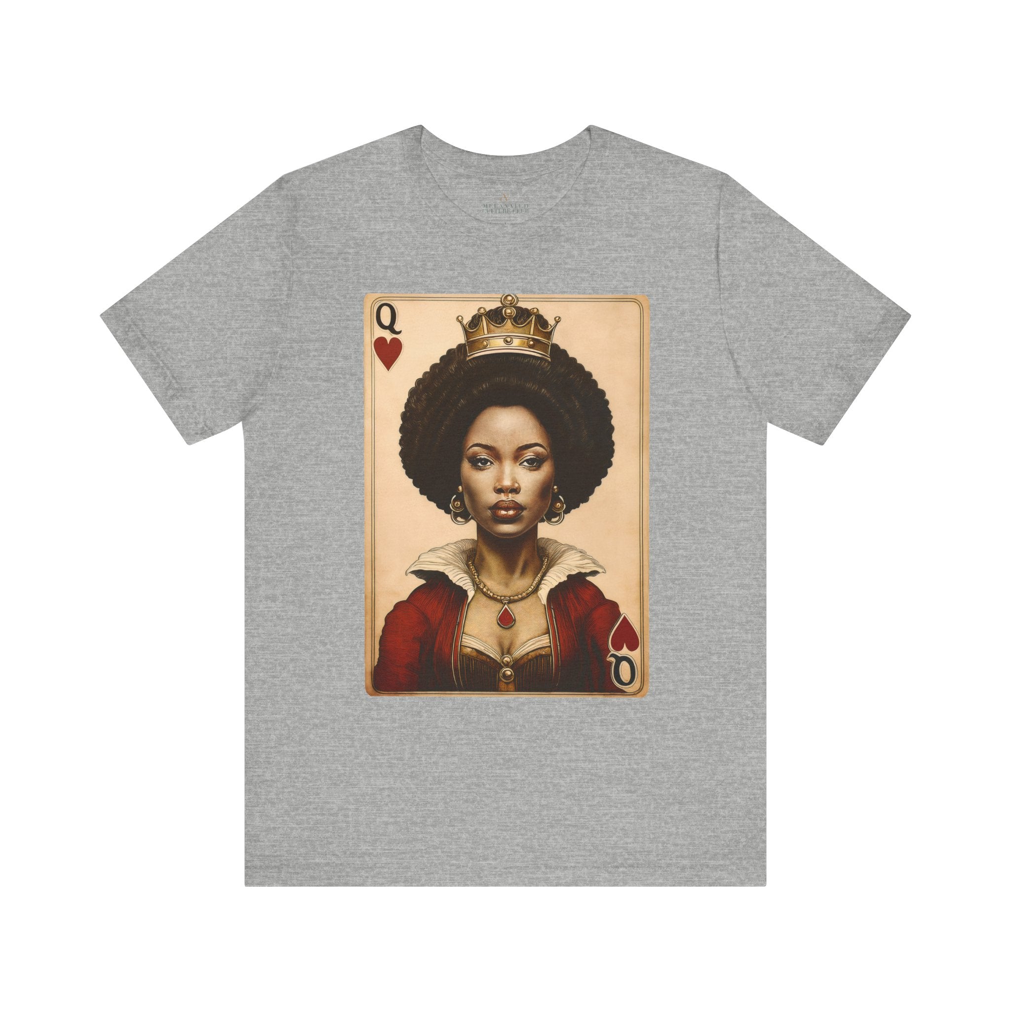 Black Queen of Hearts Tee Shirt featuring an illustrated African American woman with an afro and gold crown, styled as the Queen of Hearts playing card. Afrocentric vintage-inspired streetwear design in bold red, gold, and black colors.