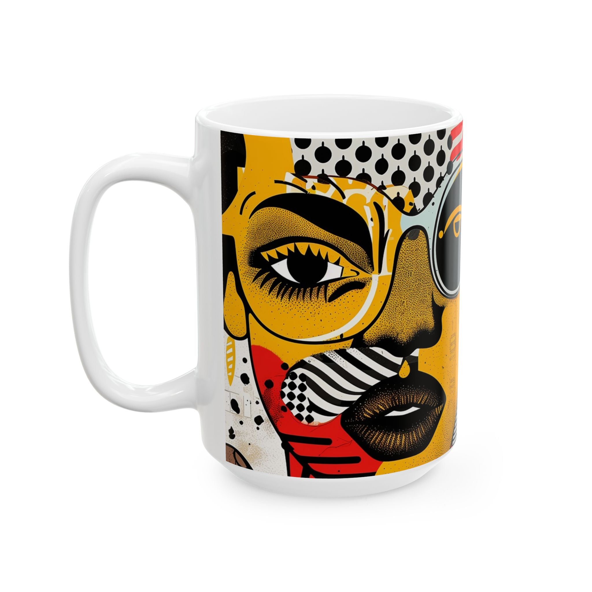Coffee mug featuring two soulful Black sisters in colorful abstract Afrocentric collage artwork with bold pop art, graffiti-inspired textures, and vibrant contemporary styling.  15 oz size, left handle view.
