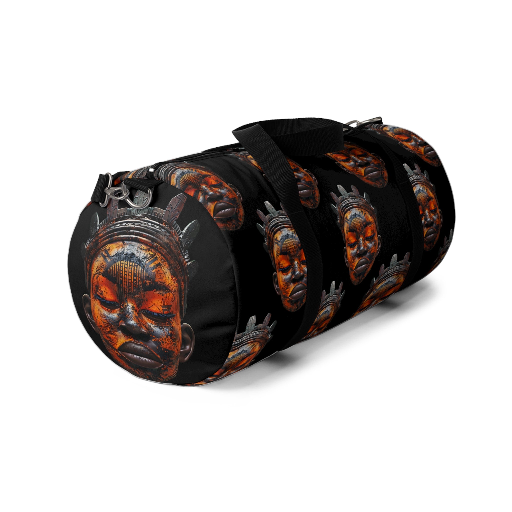 End view of African Mask Duffel Bag.