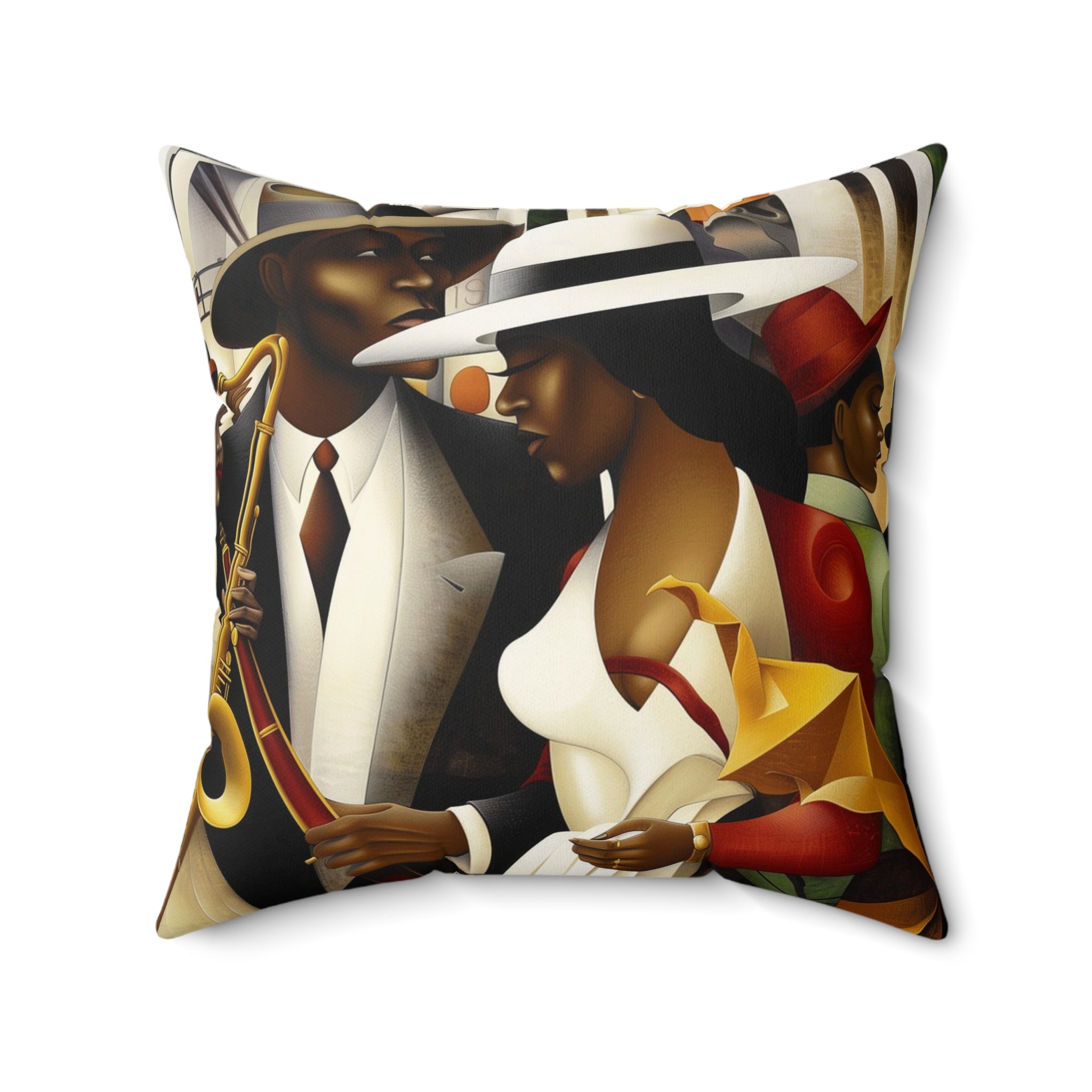 Harlem Renaissance Faux Suede Square Pillow featuring abstract jazz musicians in an Afrocentric Bauhaus style. African American home decor accent with vibrant colors and Afro-Bohemian flair.