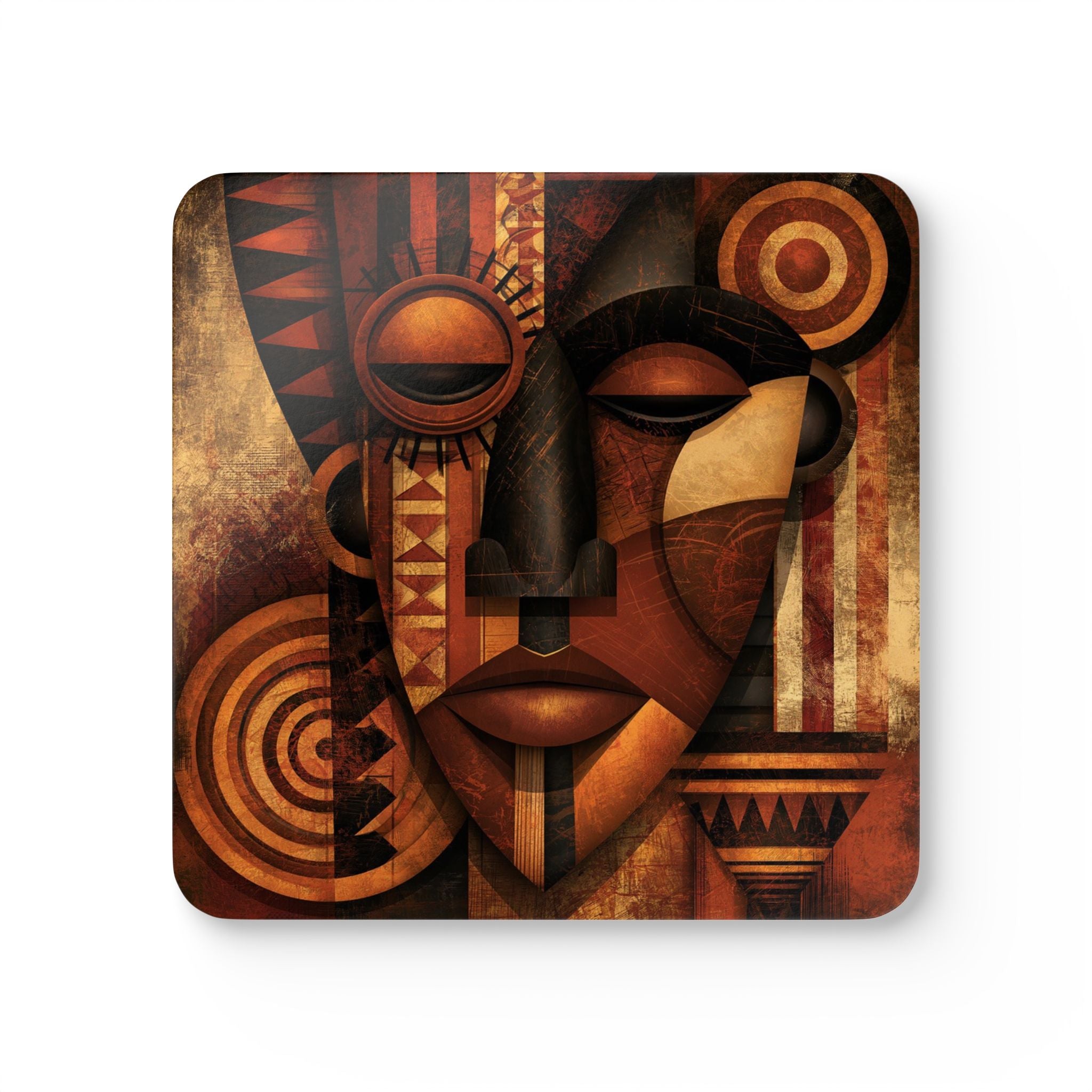 Set of four African Mask beverage coasters featuring vibrant Afrocentric artwork with cork backing, perfect for protecting tables while adding African American cultural style to living rooms, coffee tables, kitchens, and home bars.