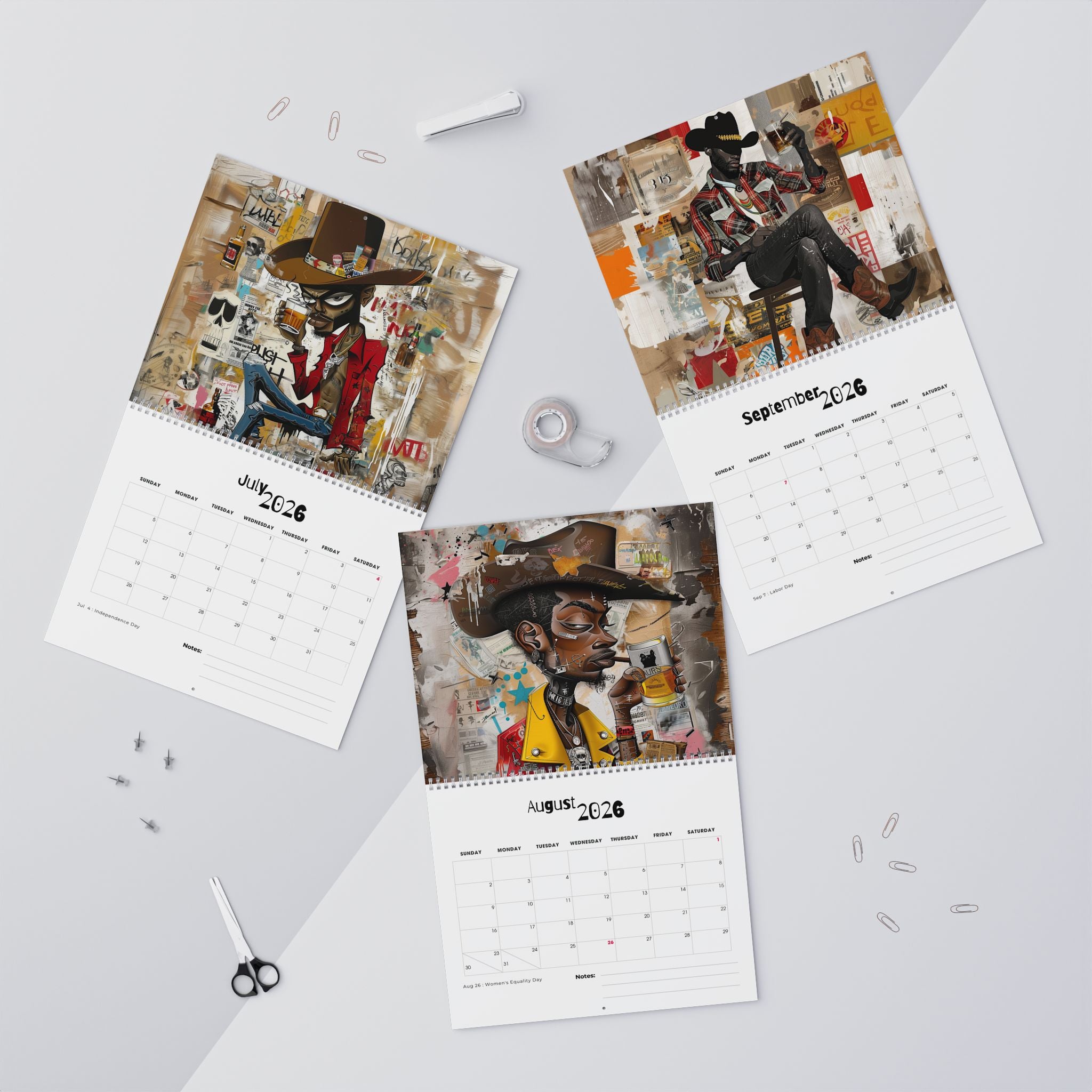 2026 Black Cowboys Wall Calendar featuring Afrocentric cartoon and graffiti-style artwork. Bold calendar celebrating African American cowboys, Western heritage, and Black culture—perfect for home or office décor. 