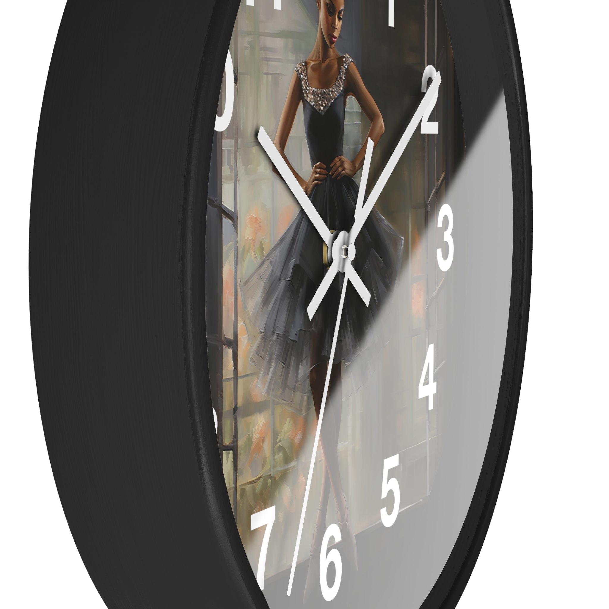 Black Girl Ballerina Round Wall Clock featuring an African American ballerina in a graceful pose, with detailed tutu folds and ballet slippers.