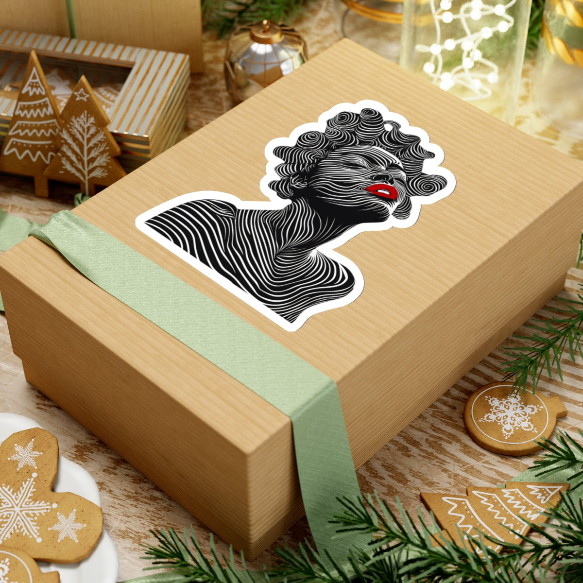 White edge  kiss-cut Bantu Knots sticker applied to gift box.