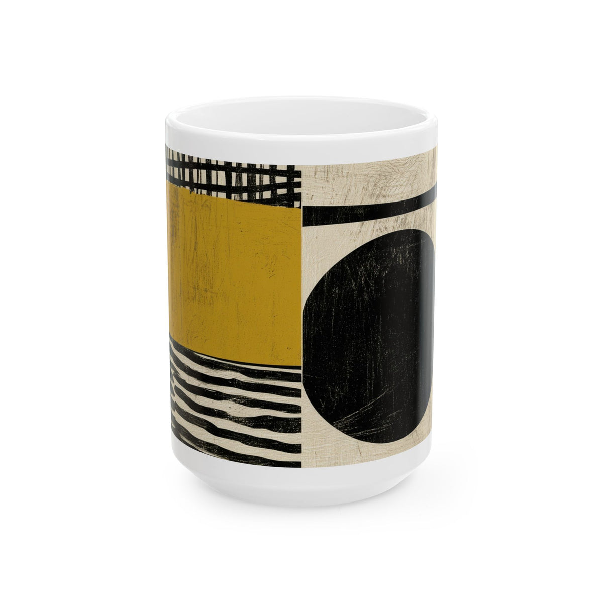 Front view of an 15 oz  Afrocentric geometric coffee mug featuring bold black, mustard gold, cream and red abstract shapes, arches, stripes and checkerboard patterns, displayed against a white background.