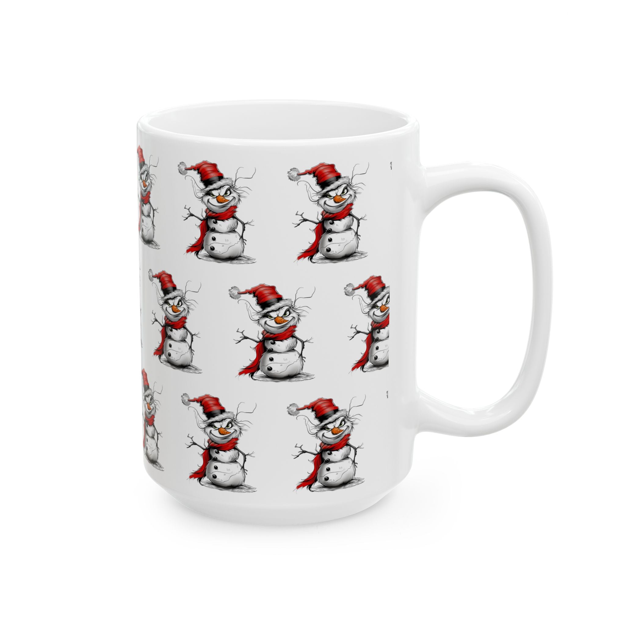 Grinch Snowman Coffee Mug featuring a naughty-looking snowman with a Grinch-inspired face – unique Christmas holiday beverage mug perfect for festive kitchens and seasonal drinks.