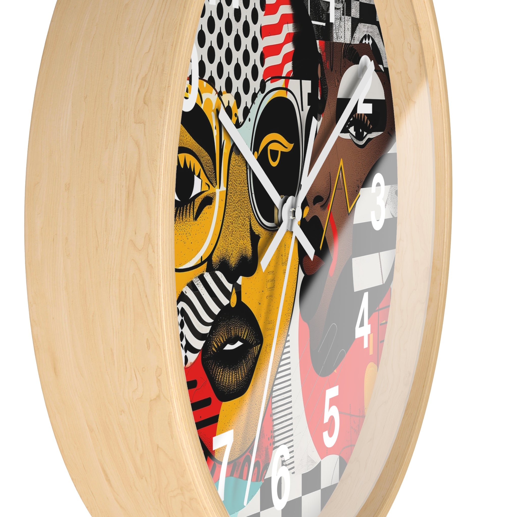 Black Women Pop Art Round Wall Clock featuring an abstract Soul Sister design in bold, colorful pop art style. Afrocentric wall decor with vibrant modern art aesthetic.