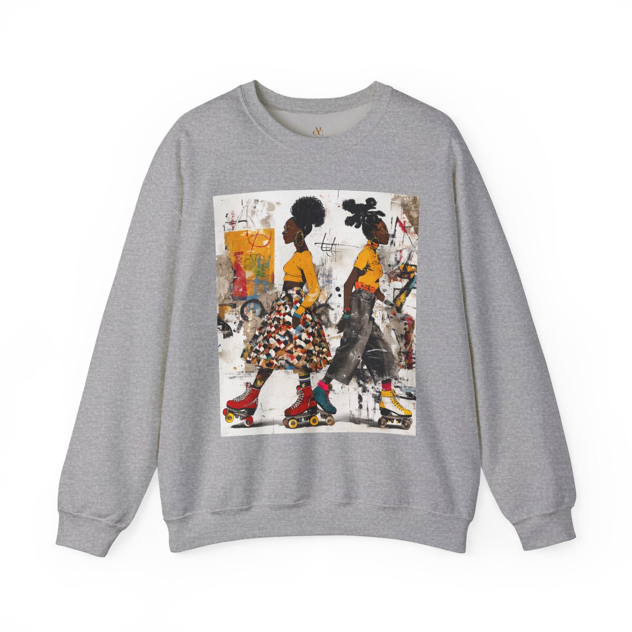 Two Black women with natural hairstyles wearing bold streetwear and roller skates, standing against a colorful abstract graffiti background on an Afrocentric graphic sweatshirt.