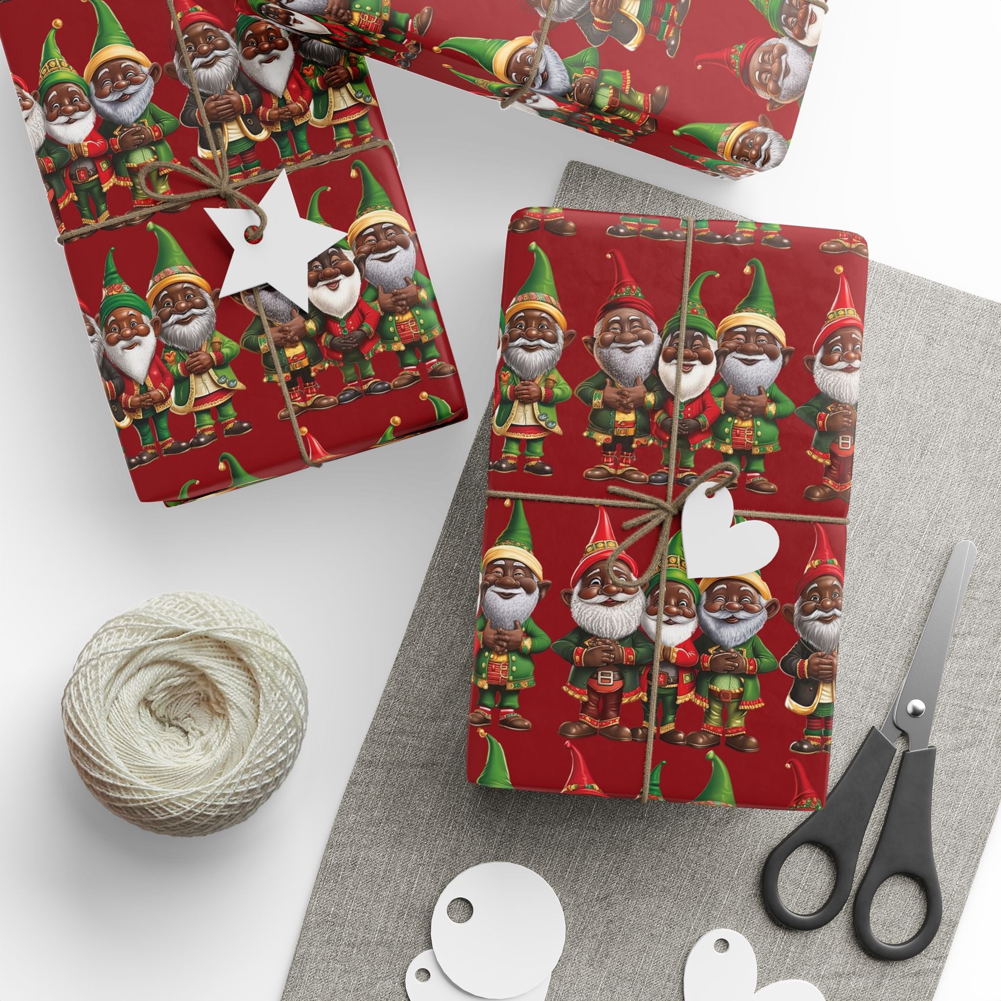 Black Santa Elves Christmas Wrapping Paper featuring African American gnomes and festive Afrocentric designs in red, green, and gold, perfect for holiday gifts and Christmas décor.