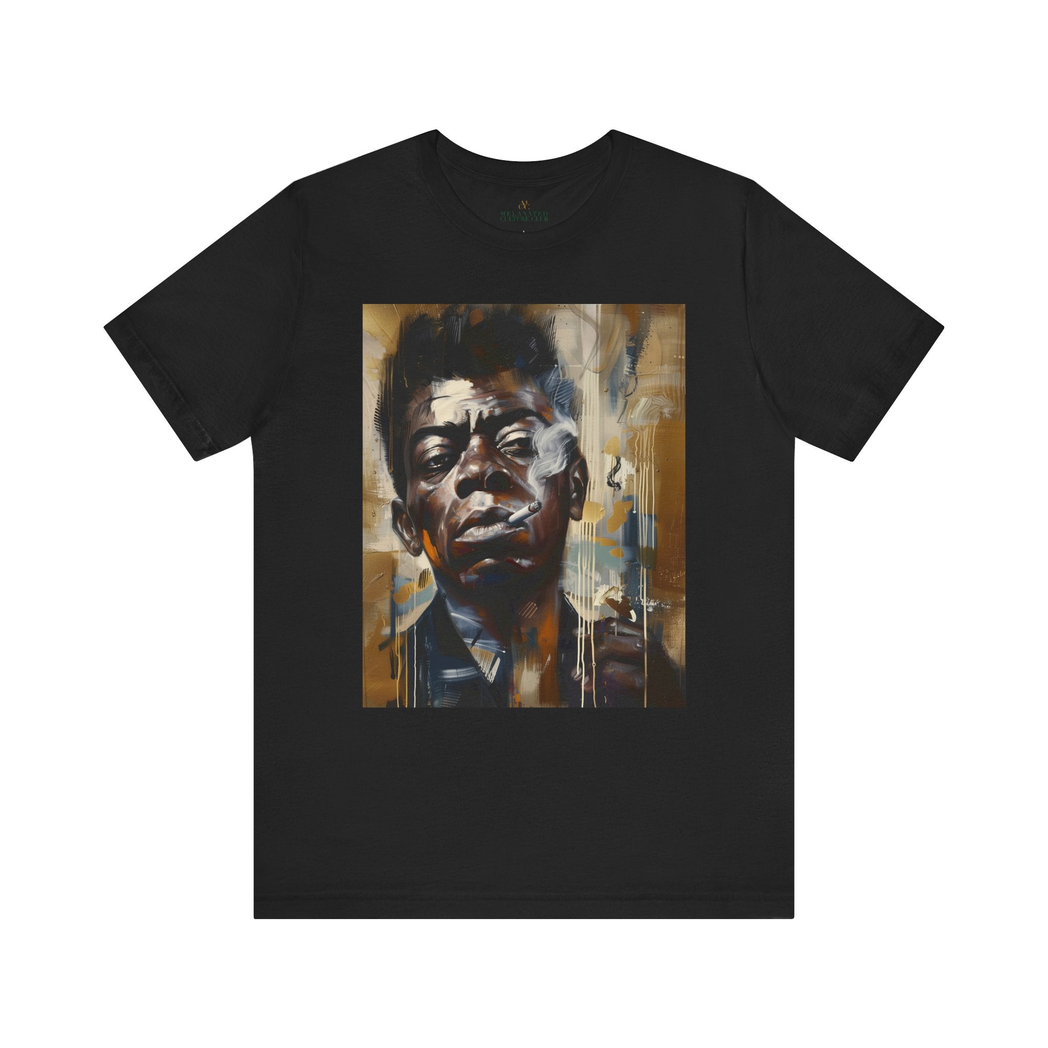 James Baldwin Tee Shirt featuring African American civil rights activist, bold Afrocentric streetwear design, unisex Black culture fashion top.