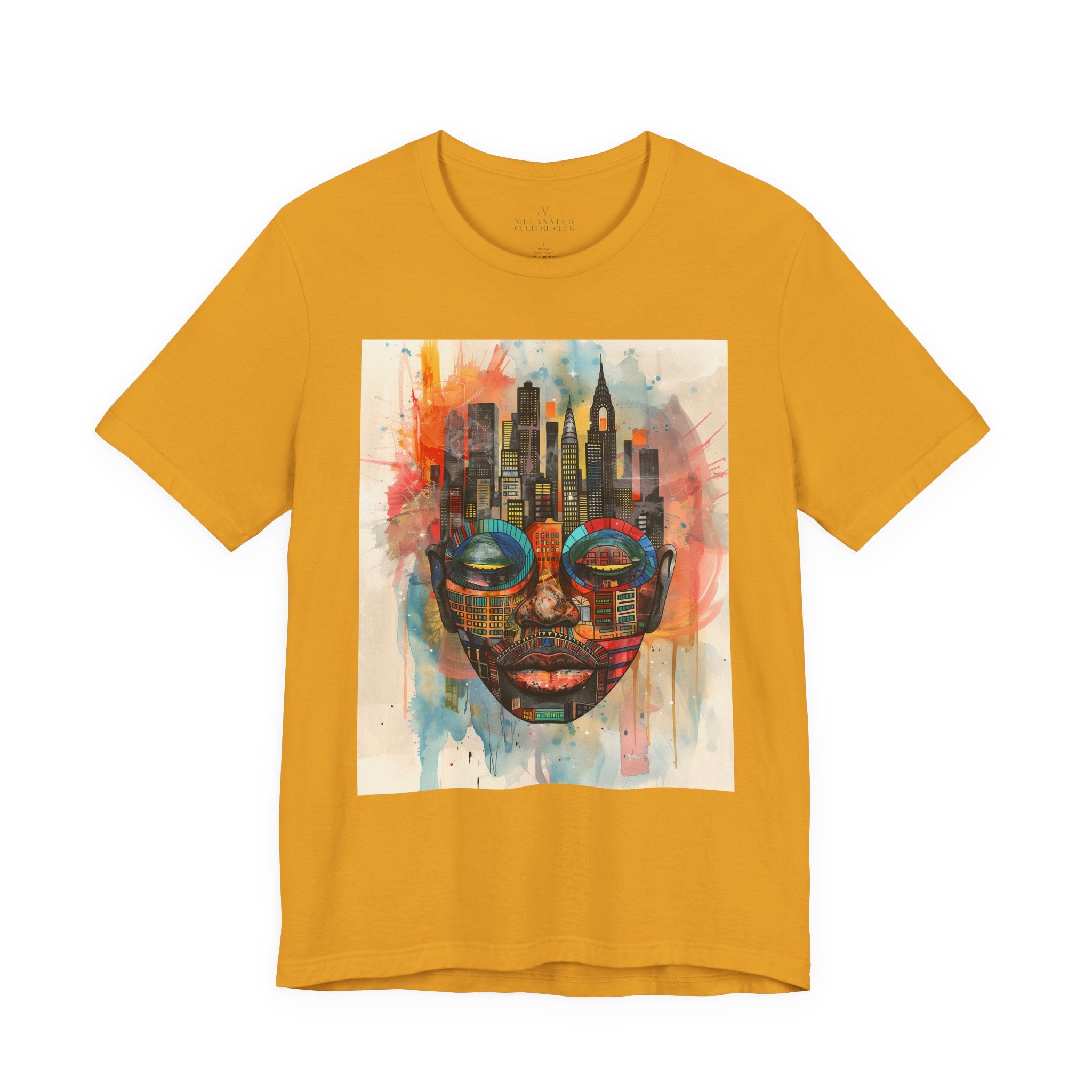 Afrocentric graphic t-shirt featuring an abstract African mask blended with the New York City skyline in a colorful watercolor style design celebrating Black culture and NYC pride.