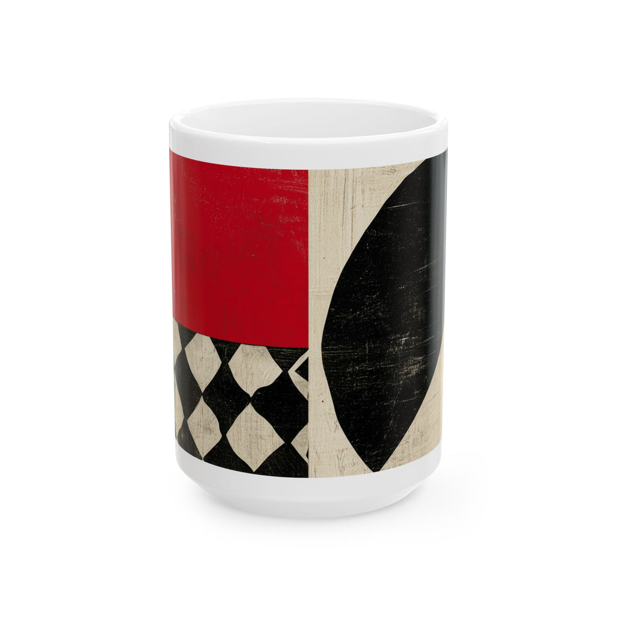 Front view of an 15 oz  Afrocentric geometric coffee mug featuring creme, black and red abstract shapes, arches, stripes and checkerboard patterns, displayed against a white background.