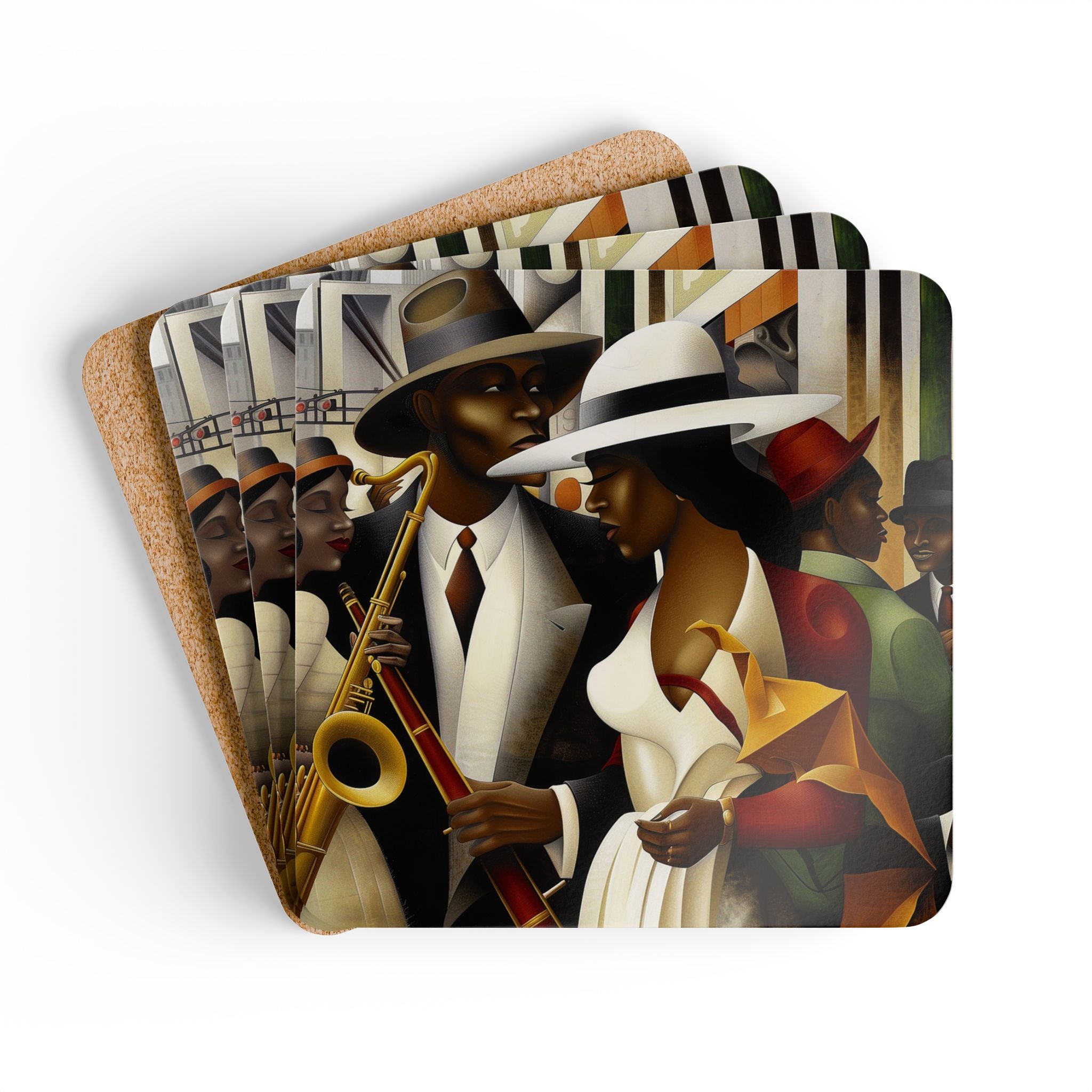 Harlem Renaissance Drink Coasters featuring African American jazz musicians in a retro Afro Bohemian art style, perfect for cultural barware or home decor
