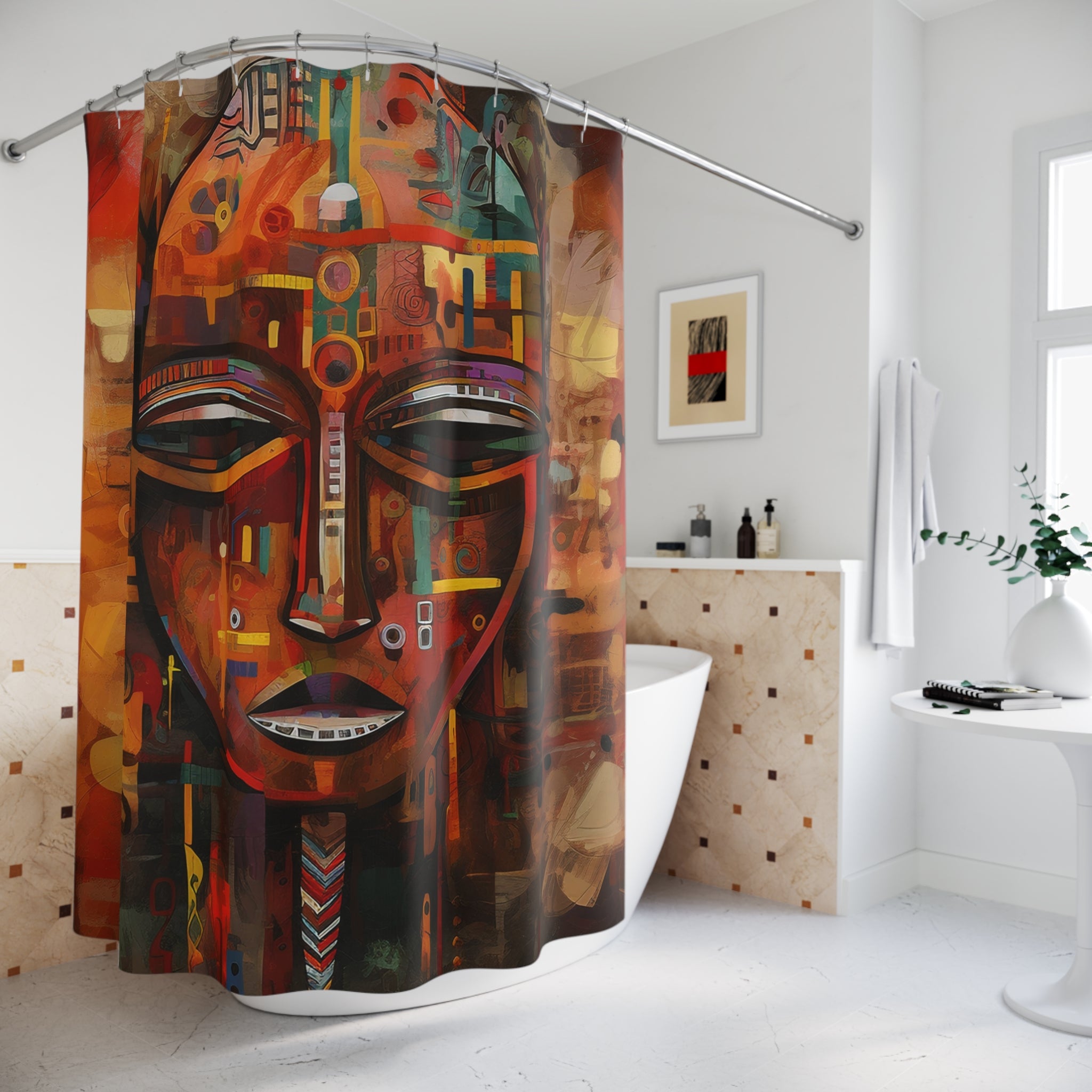 Bathroom shower curtain featuring an abstract African mask design with bold Afrocentric patterns, ideal for African-inspired home decor.