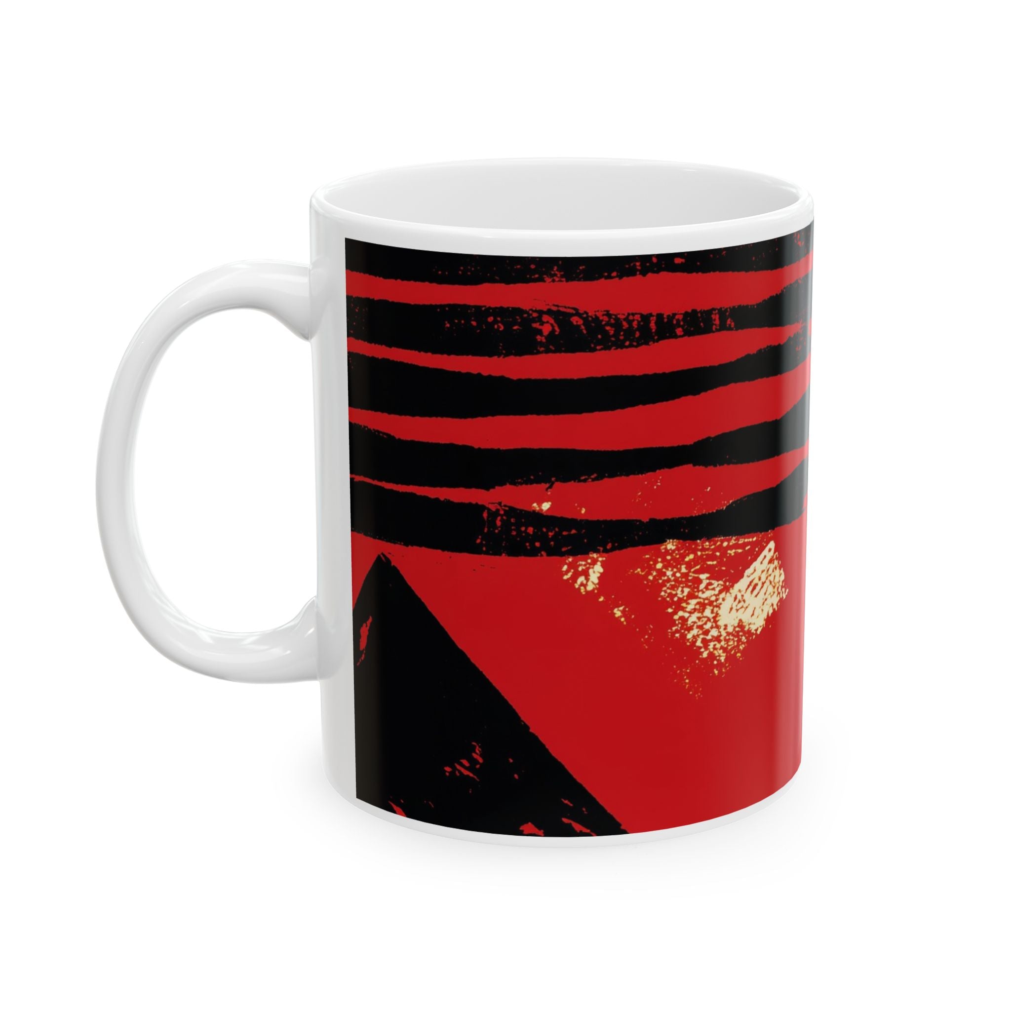 Left handle view of 11 oz. red, black and cream abstract art coffee mug featuring bold geometric circles, stripes, organic shapes and a Bauhaus-inspired modern design, displayed against a white background.