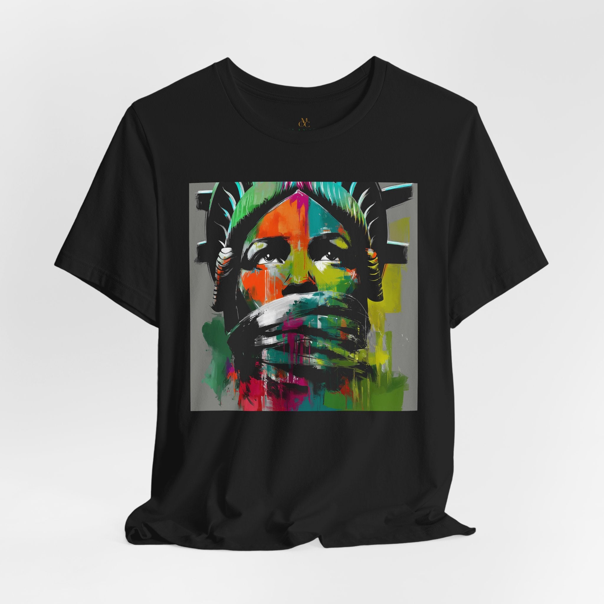 Black woman depicted as Statue of Liberty with mouth covered by white cloth symbolizing silenced freedom of speech First Amendment protest art on tee shirt