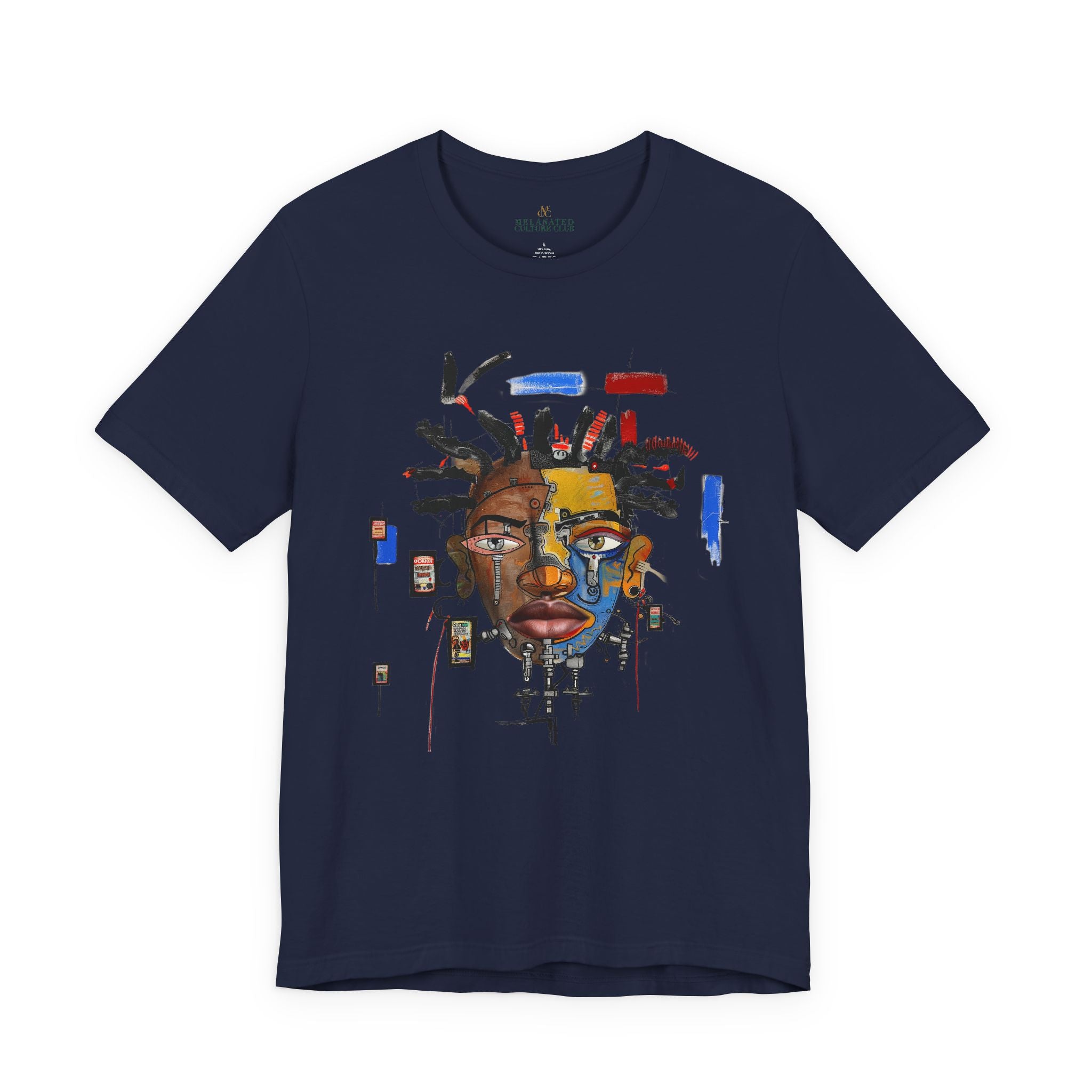 Abstract Afrocentric t-shirt featuring a split-face portrait of a Black man, half human and half robot, with expressive facial features and futuristic mechanical details in an Afrofuturism art style. Series 03