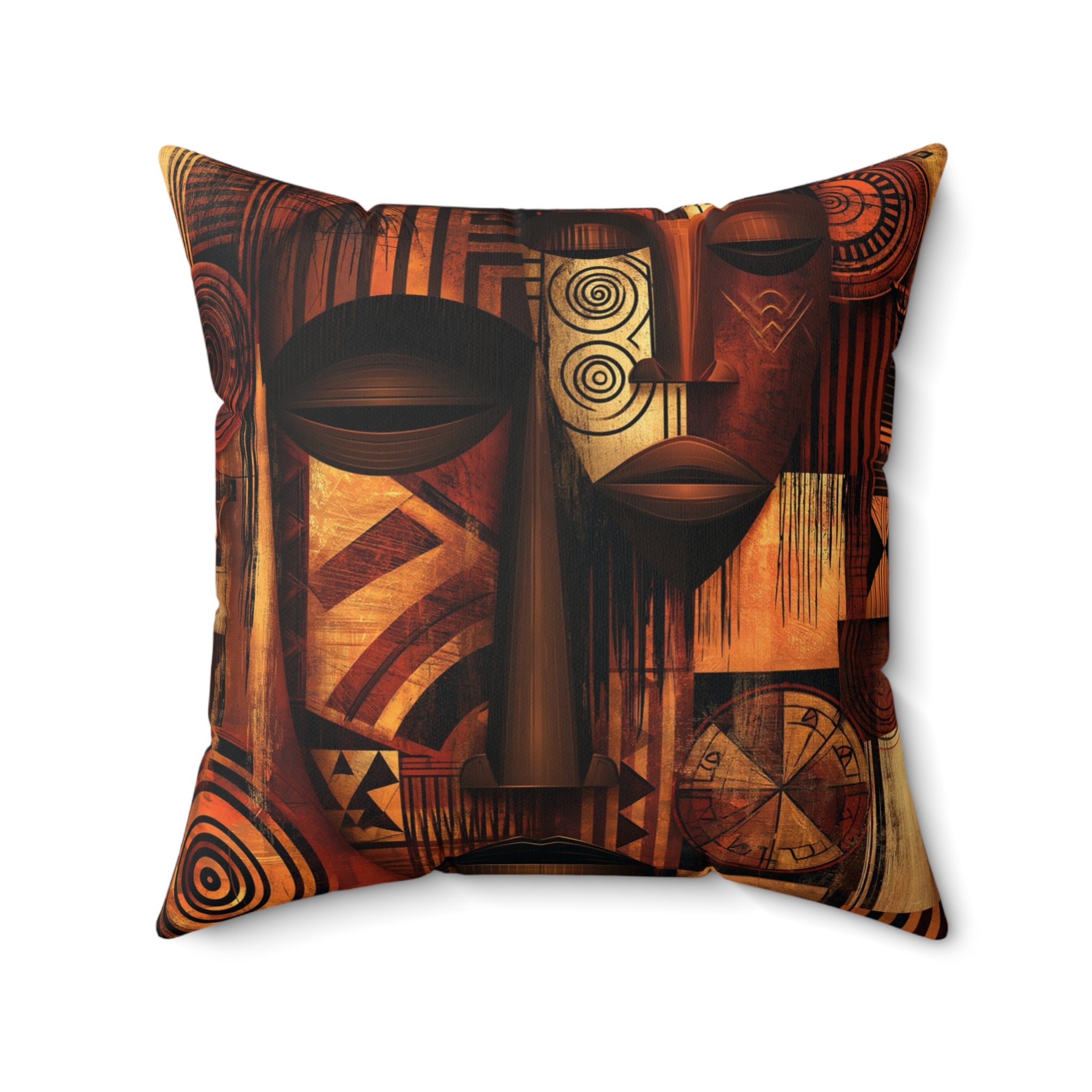 Abstract Afrocentric African Mask 20" x 20" throw pillow featuring a colorful tribal-inspired face with bold geometric patterns and vibrant cultural artwork displayed displayed against a white background. - Front side.