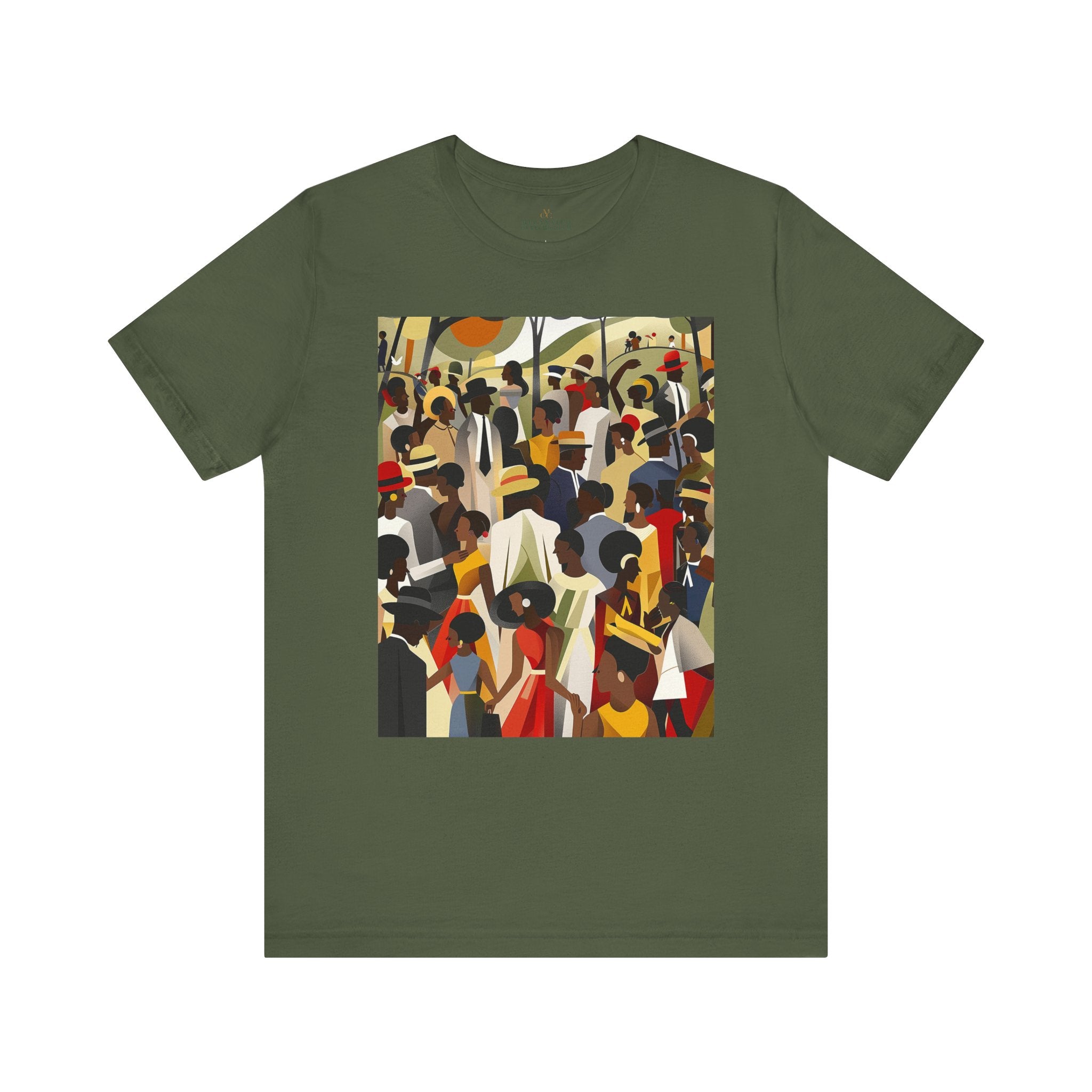 Juneteenth Celebration Tee Shirt featuring an Afrocentric design of Black people enjoying an outdoor picnic and family reunion. Adult unisex top honoring African American heritage, freedom, and cultural pride.