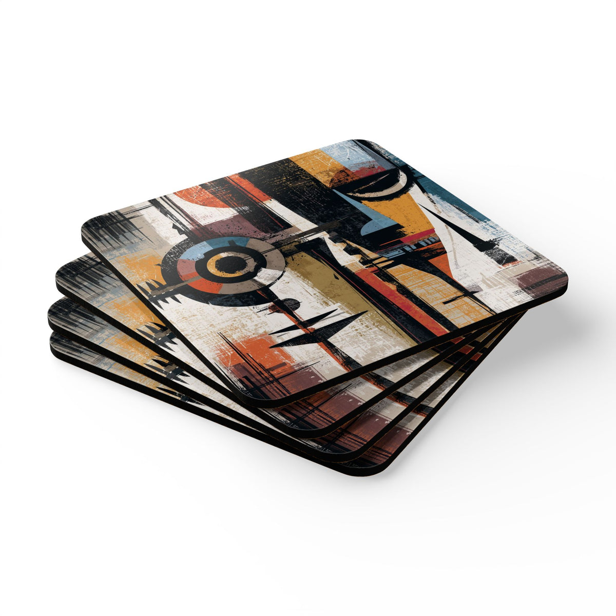 Side view of African Mask beverage coasters featuring vibrant Afrocentric artwork, displayed against a white background.