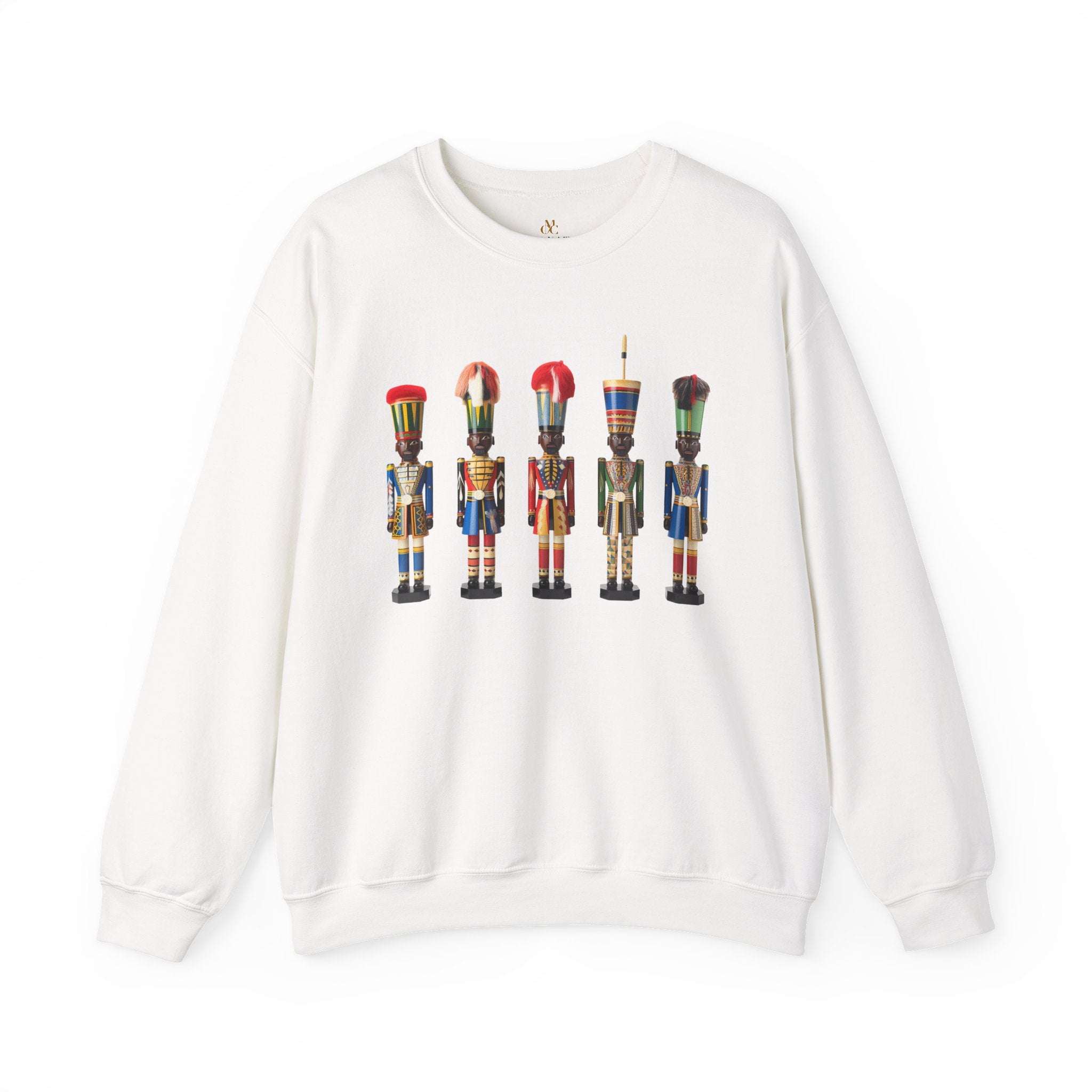 Black Nutcracker Soldiers Sweatshirt featuring African American nutcracker soldier designs, holiday Christmas apparel, ugly sweater gift, festive holiday party celebration crewneck.