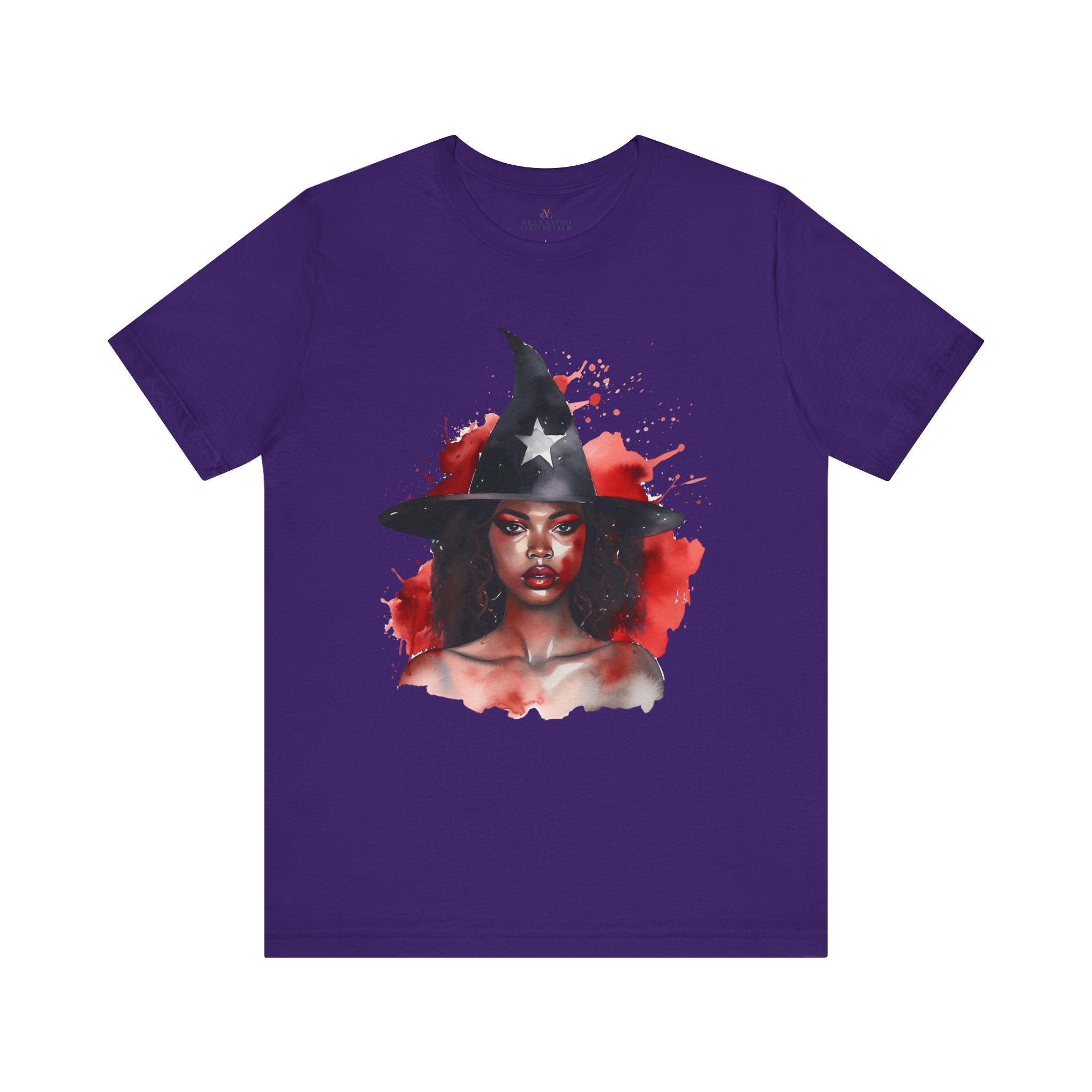 Black Witch Tee Shirt featuring an Afrocentric illustration of a beautiful African American witch in Halloween style, unisex graphic tee for Afrocentric fashion and spooky season streetwear.