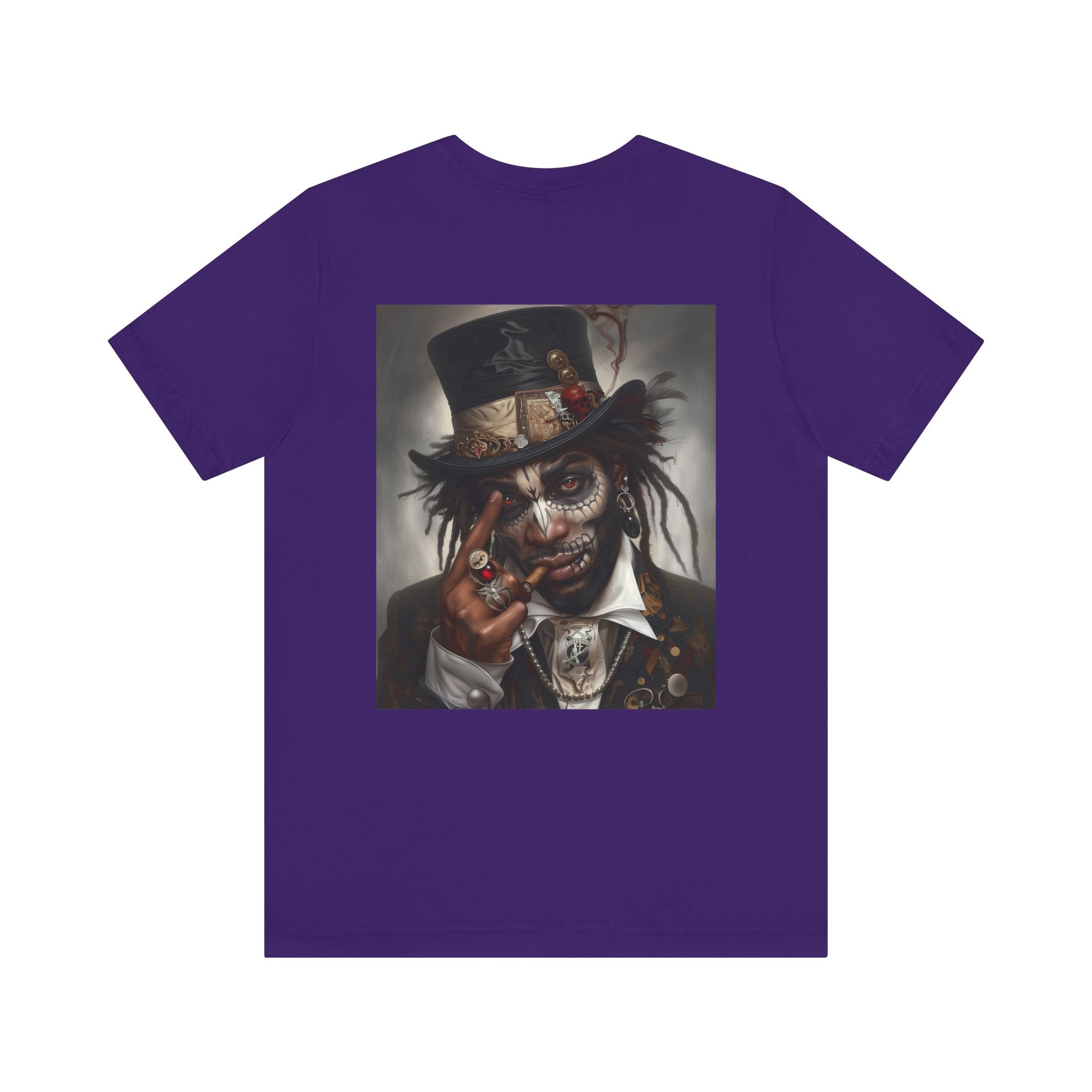 Voodoo Priest Tee Shirt featuring an Afrocentric gothic design of a voodoo priest in a top hat with skull face paint, red eyes, dark fantasy Afrocentric streetwear. (Back style)