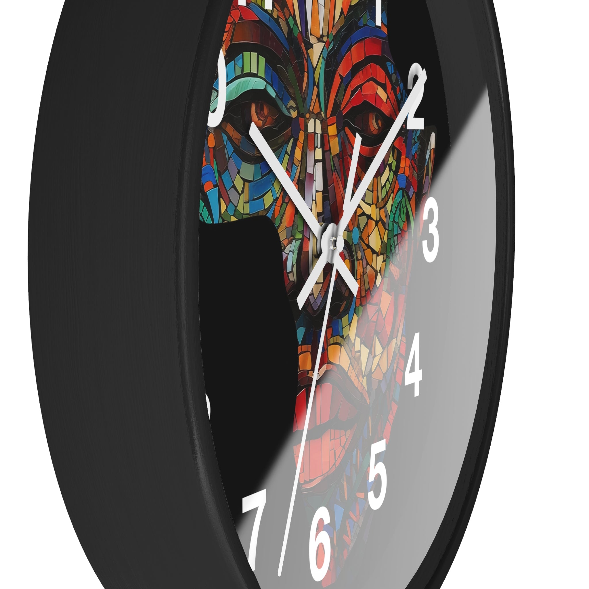 African Mosaic Mask Round Wall Clock featuring a mosaic-style African mask in the shape of the continent of Africa. Abstract Afrocentric wall decor with bold geometric patterns and vibrant colors.