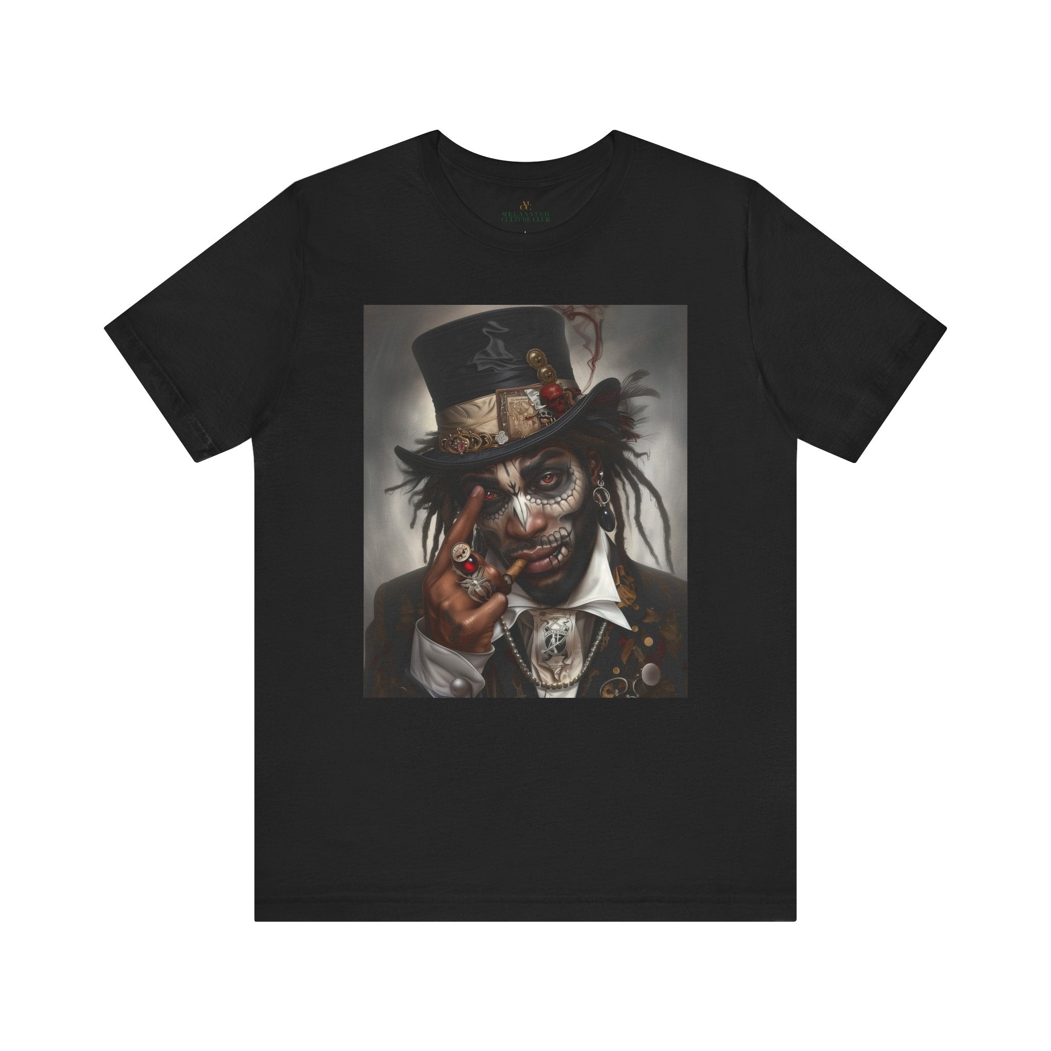 Voodoo Priest Tee Shirt featuring an Afrocentric gothic design of a voodoo priest in a top hat with skull face paint, red eyes, dark fantasy Afrocentric streetwear. (Front style)
