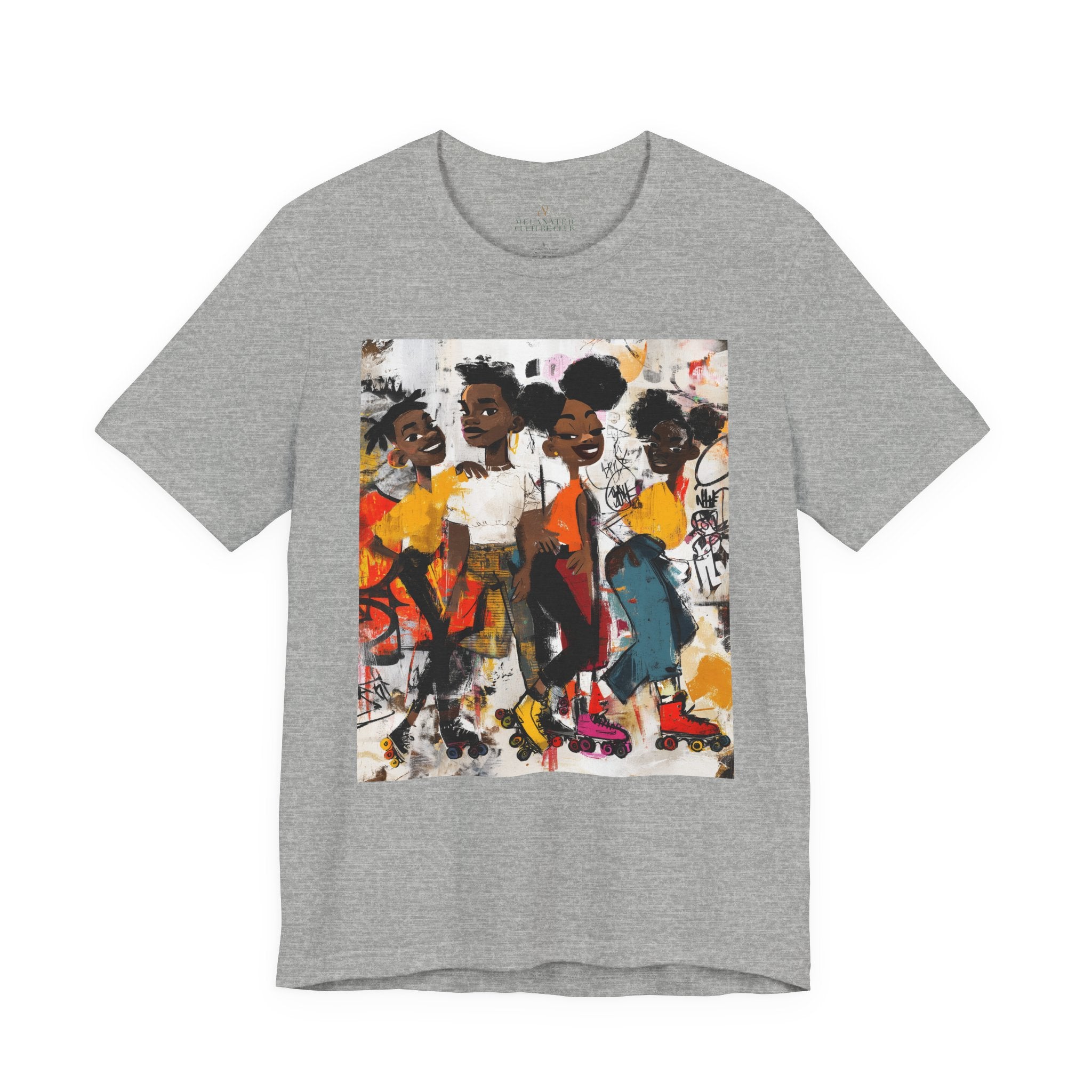 Abstract graffiti-style cartoon illustration of Black roller skaters dancing and skating at a roller rink, featuring vibrant colors, urban street art influences, and Afrocentric cultural themes on a unisex graphic tee shirt.