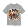Abstract graffiti-style cartoon illustration of Black roller skaters dancing and skating at a roller rink, featuring vibrant colors, urban street art influences, and Afrocentric cultural themes on a unisex graphic tee shirt.