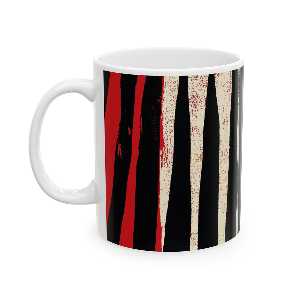 Left handle view of 11 oz. red, black and cream abstract art coffee mug featuring bold geometric circles, stripes, organic shapes and a Bauhaus-inspired modern design, displayed against a white background.