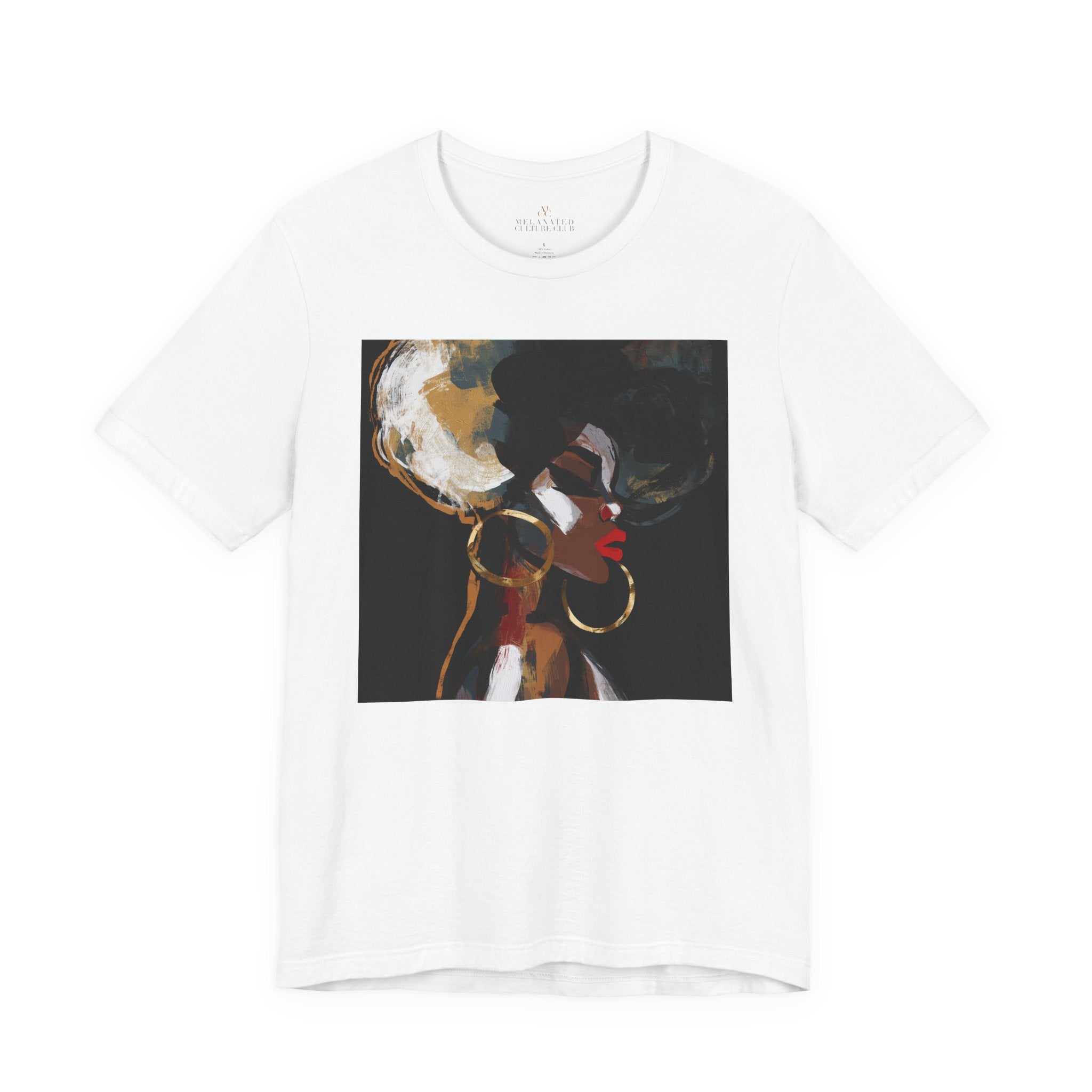 A white short-sleeve crewneck t-shirt featuring a square graphic print of an abstract portrait of a Black woman with dark hair, gold hoop earrings, and red lipstick on a black background.