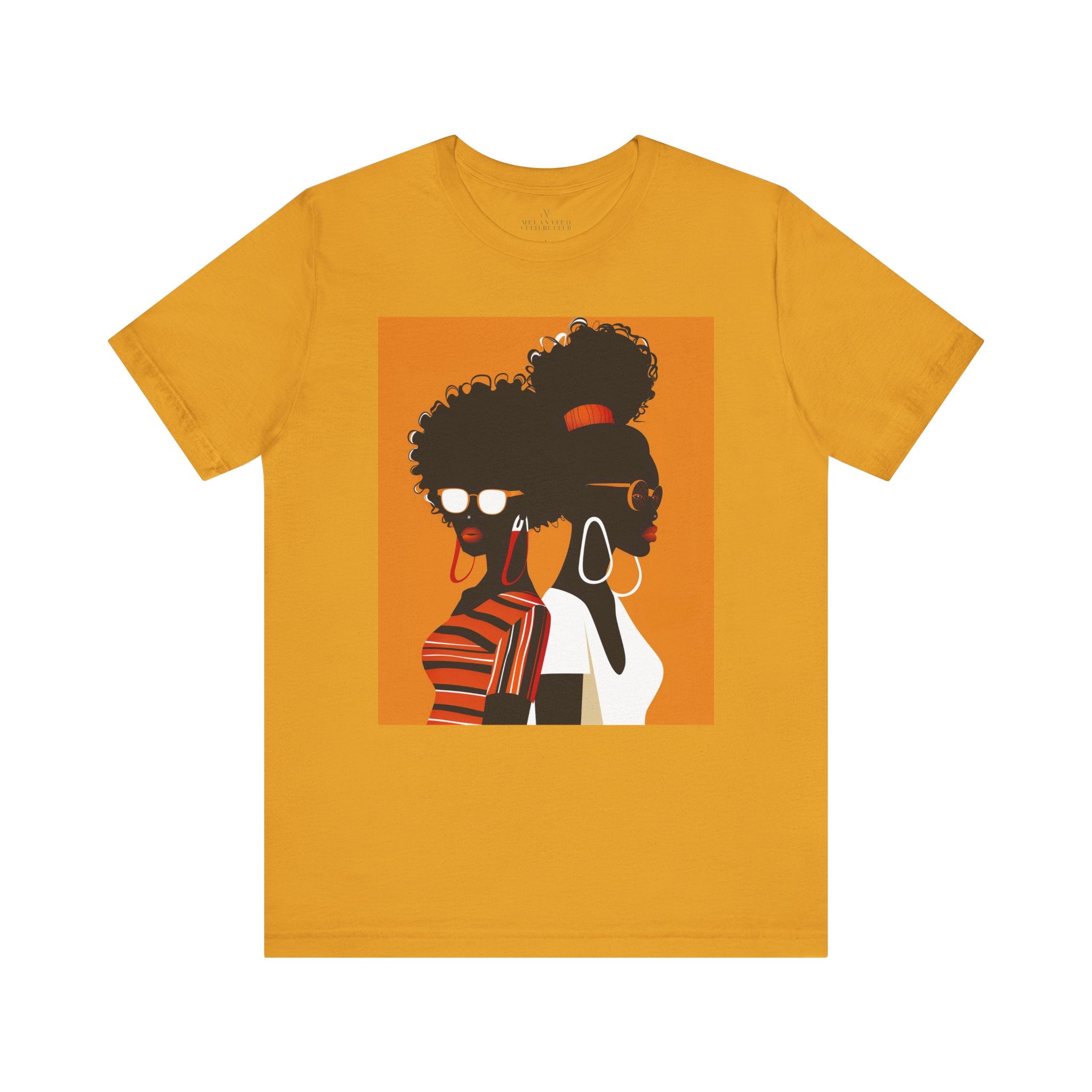 Two Black Women silhouette wearing fashionable eyewear on an orange background, featured on an Afrocentric unisex tee shirt