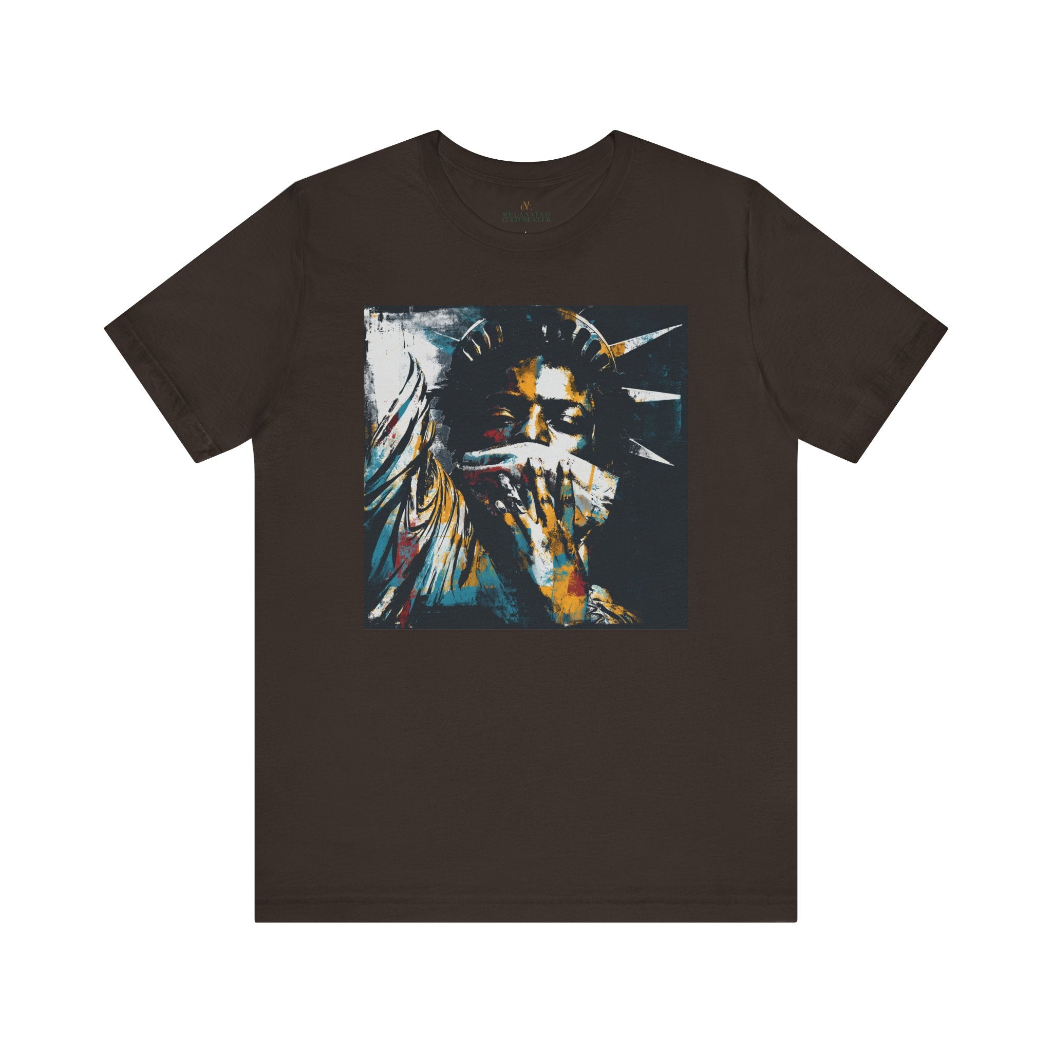 Black woman depicted as Statue of Liberty with mouth covered by white cloth symbolizing silenced freedom of speech First Amendment protest art on tee shirt.