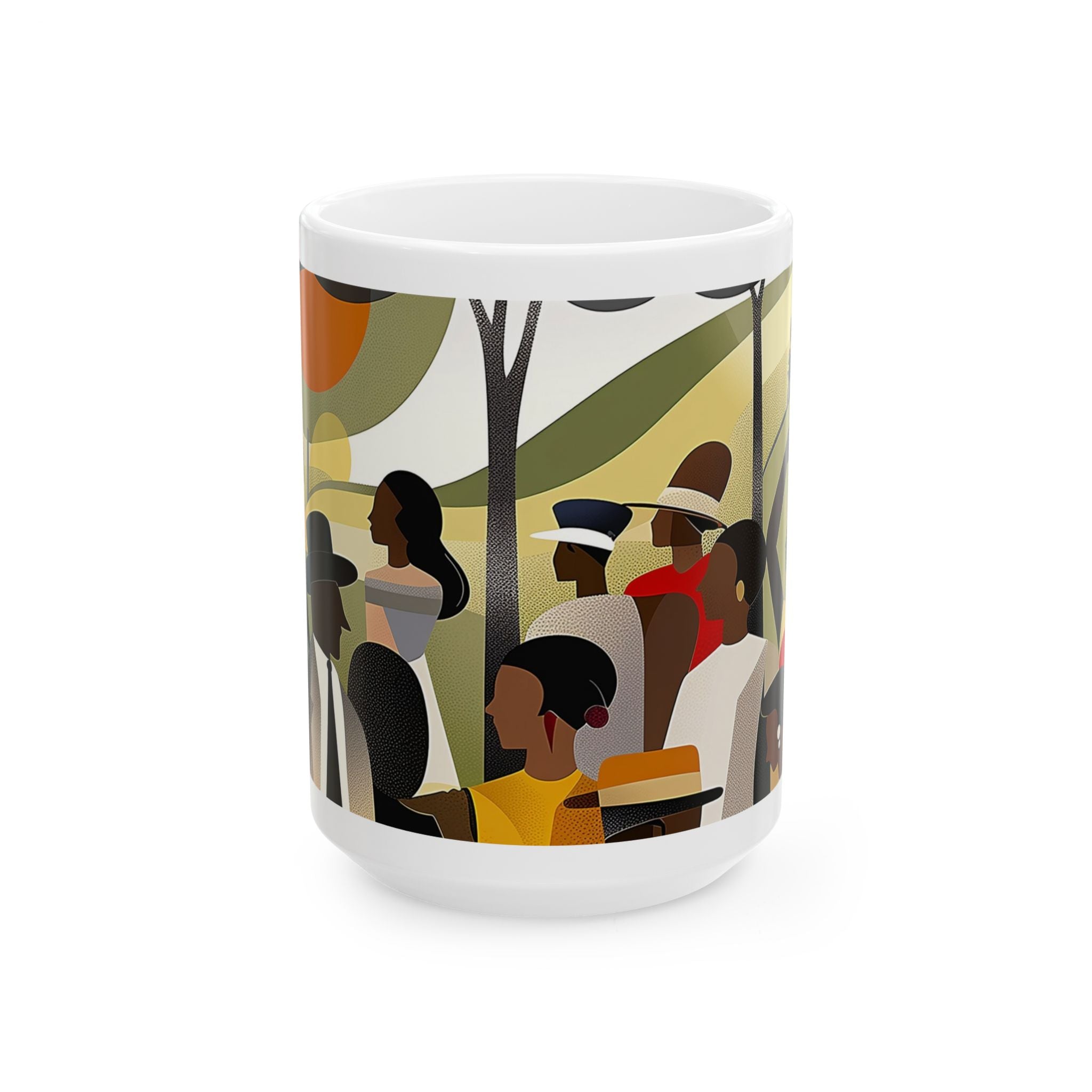 White ceramic mug with a colorful illustration of a group of people in a park. The illustration features people of different ages and skin tones wearing hats and clothing in various colors.