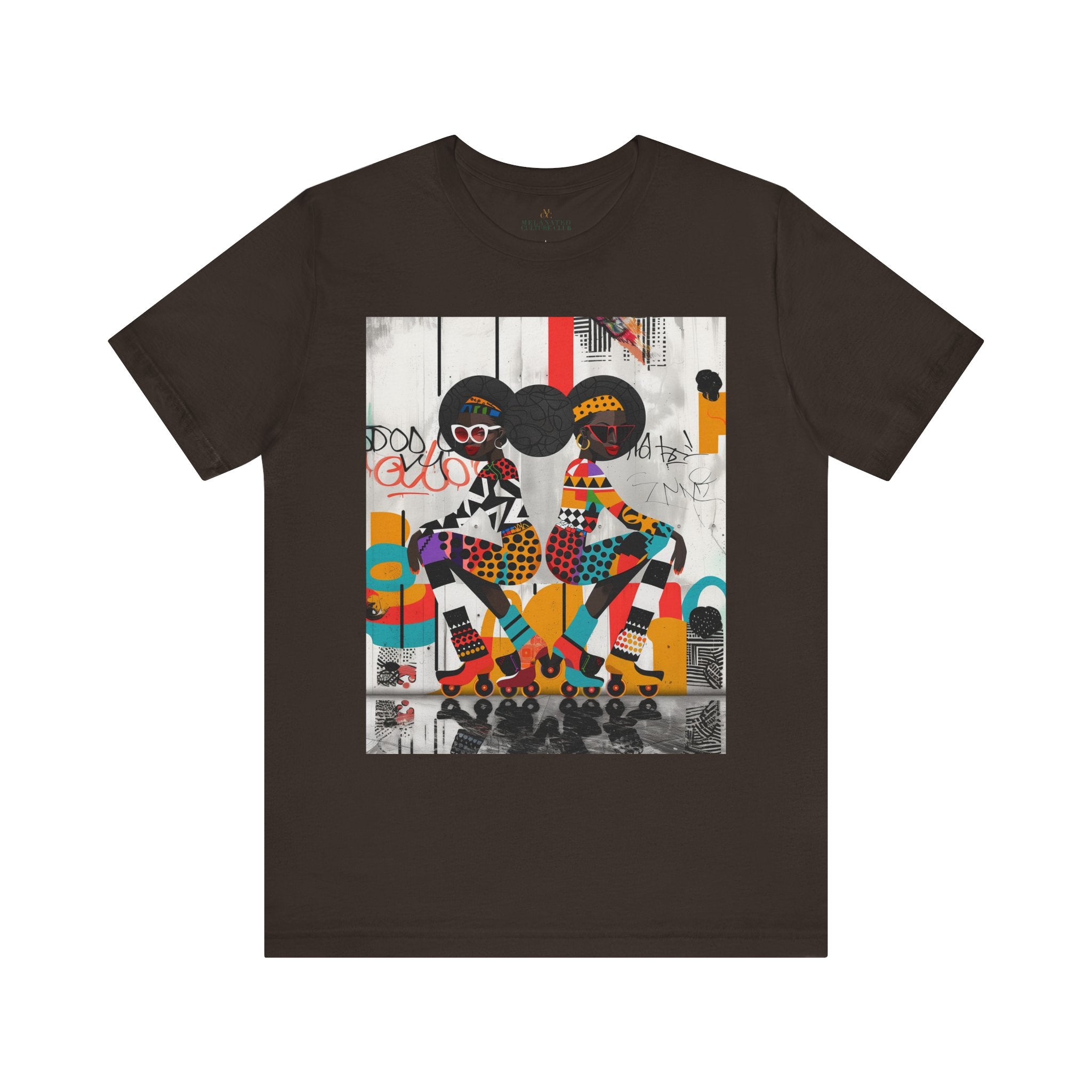 Black Girl Roller Skaters Tee Shirt featuring abstract graffiti pop art of African American women roller skating in bold, bright colors; Afrocentric fly girls streetwear.