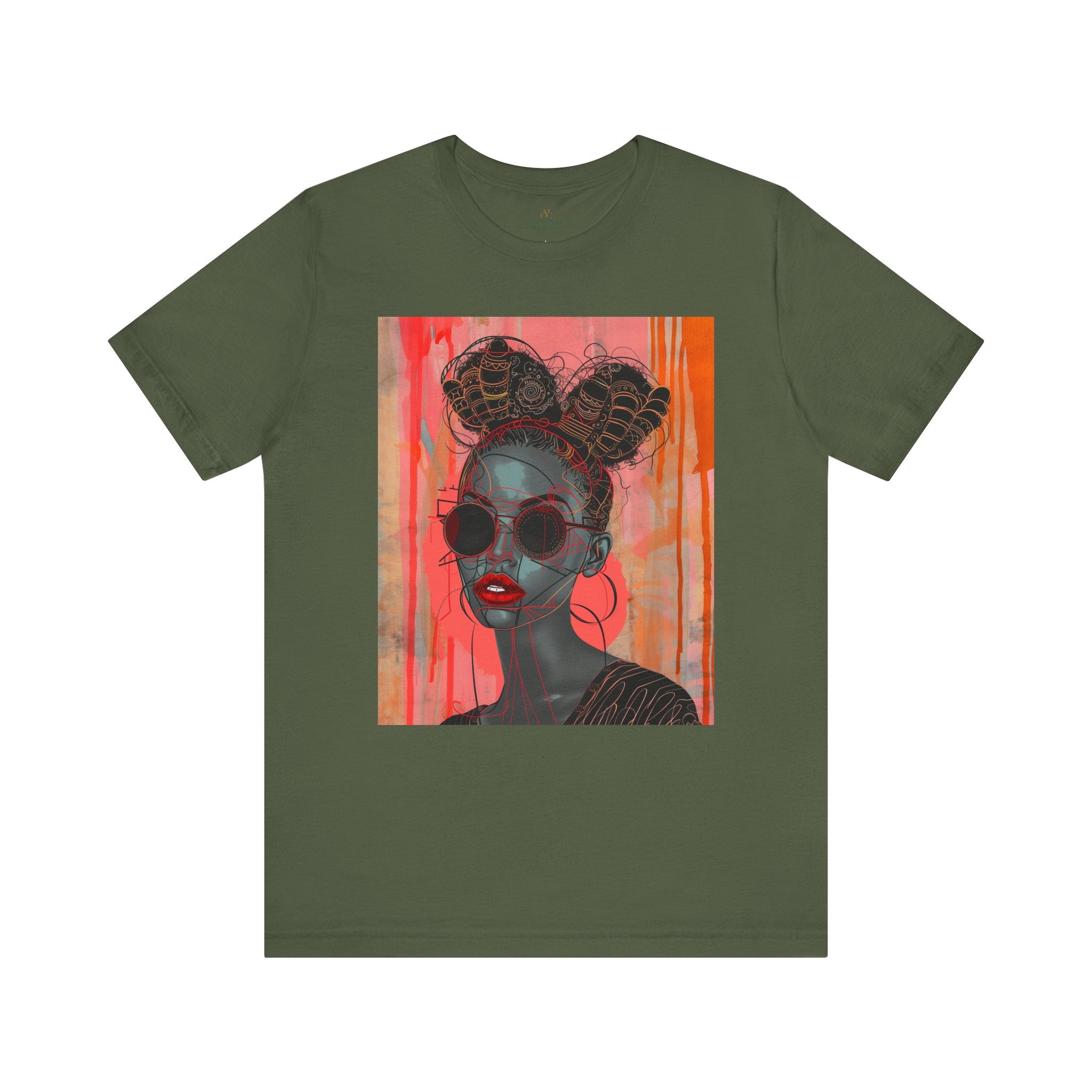 Black Woman Afrofuturism Tee featuring African American woman with Bantu knots and round fashion sunglasses, Afrocentric unisex shirt with futuristic and cultural design.