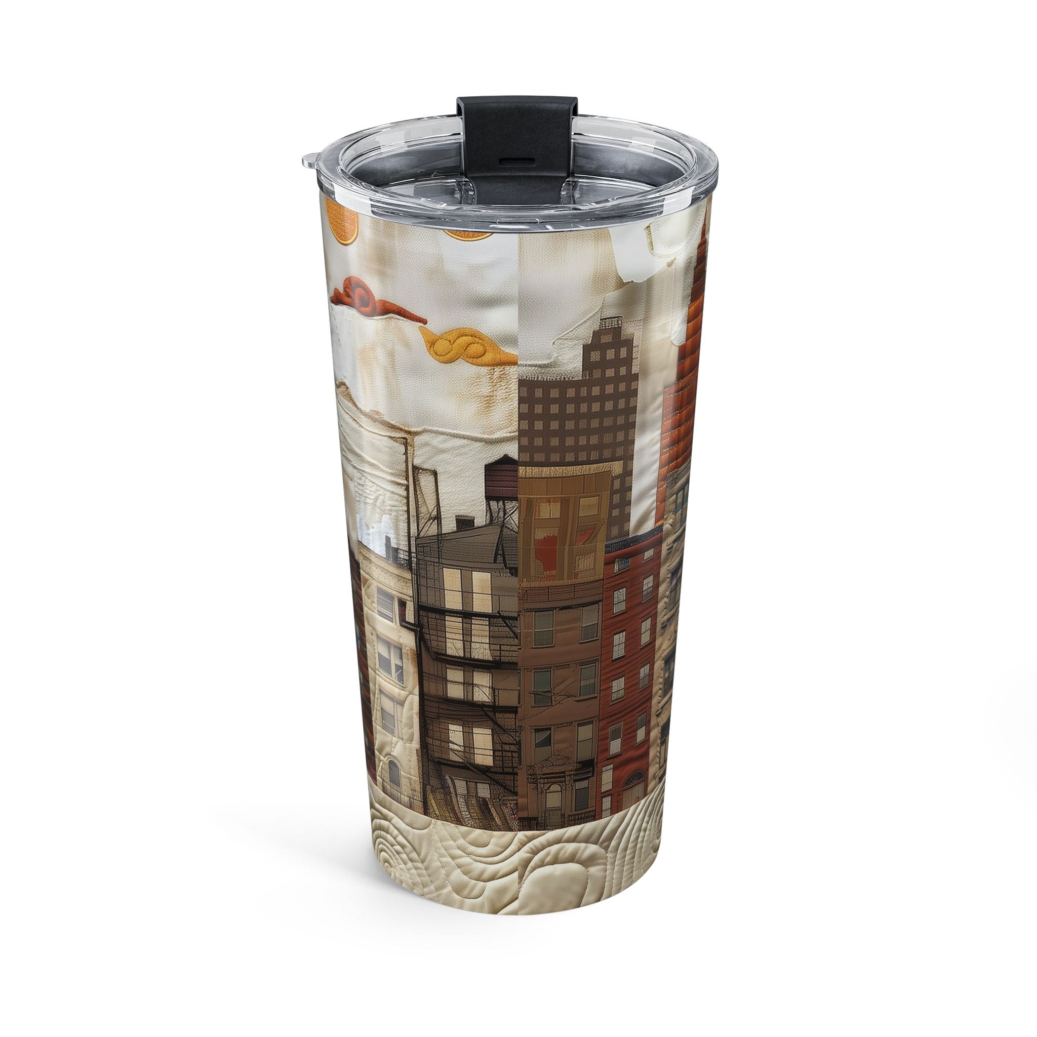 20 oz stainless steel travel tumbler featuring a young Black girl carrying a yellow sunflower while walking through Harlem. Her long braids blow in the wind with historic Harlem brownstones and New York City architecture in the background, illustrated in a colorful Afrocentric faux quilt collage style.  Backside of tumbler against a white background.