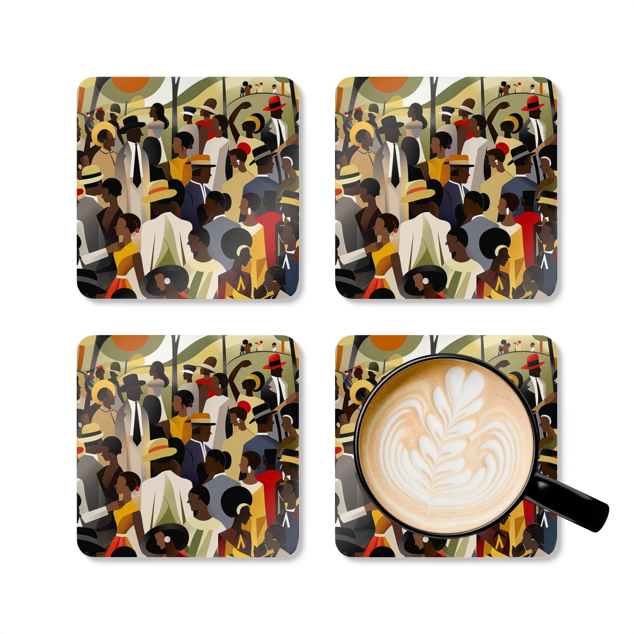 Juneteenth Celebration Drink Coasters featuring a vibrant picnic in the park scene, perfect for celebrating African American culture with colorful beverage coasters and Afrocentric barware accessories.