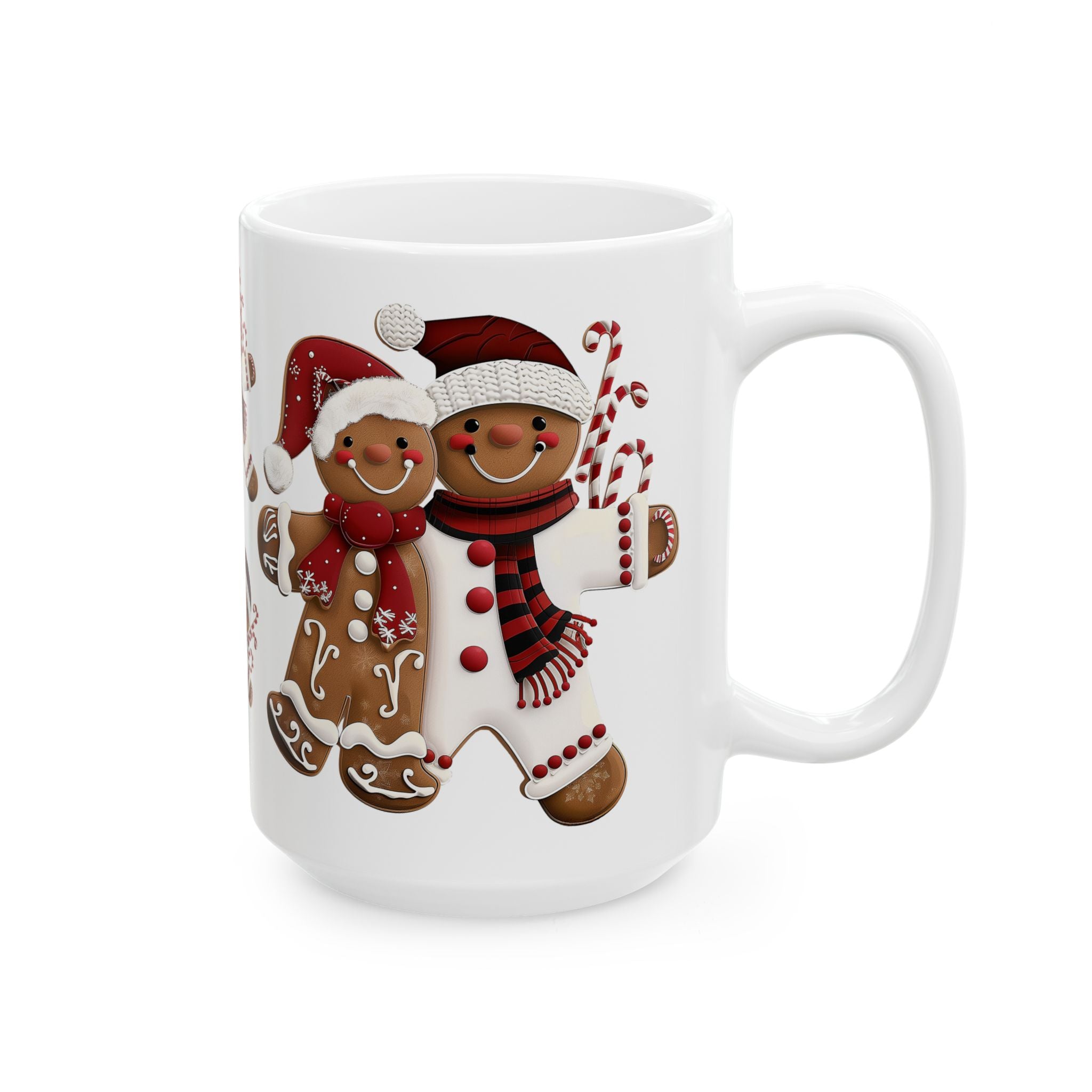 Gingerbread Cookie Couple Coffee Mug featuring a festive gingerbread couple design, Christmas holiday beverage mug perfect for coffee, tea, and hot cocoa, available in 11 oz and 15 oz sizes.