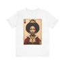 Black Queen of Hearts Tee Shirt featuring an illustrated African American woman with an afro and gold crown, styled as the Queen of Hearts playing card. Afrocentric vintage-inspired streetwear design in bold red, gold, and black colors.