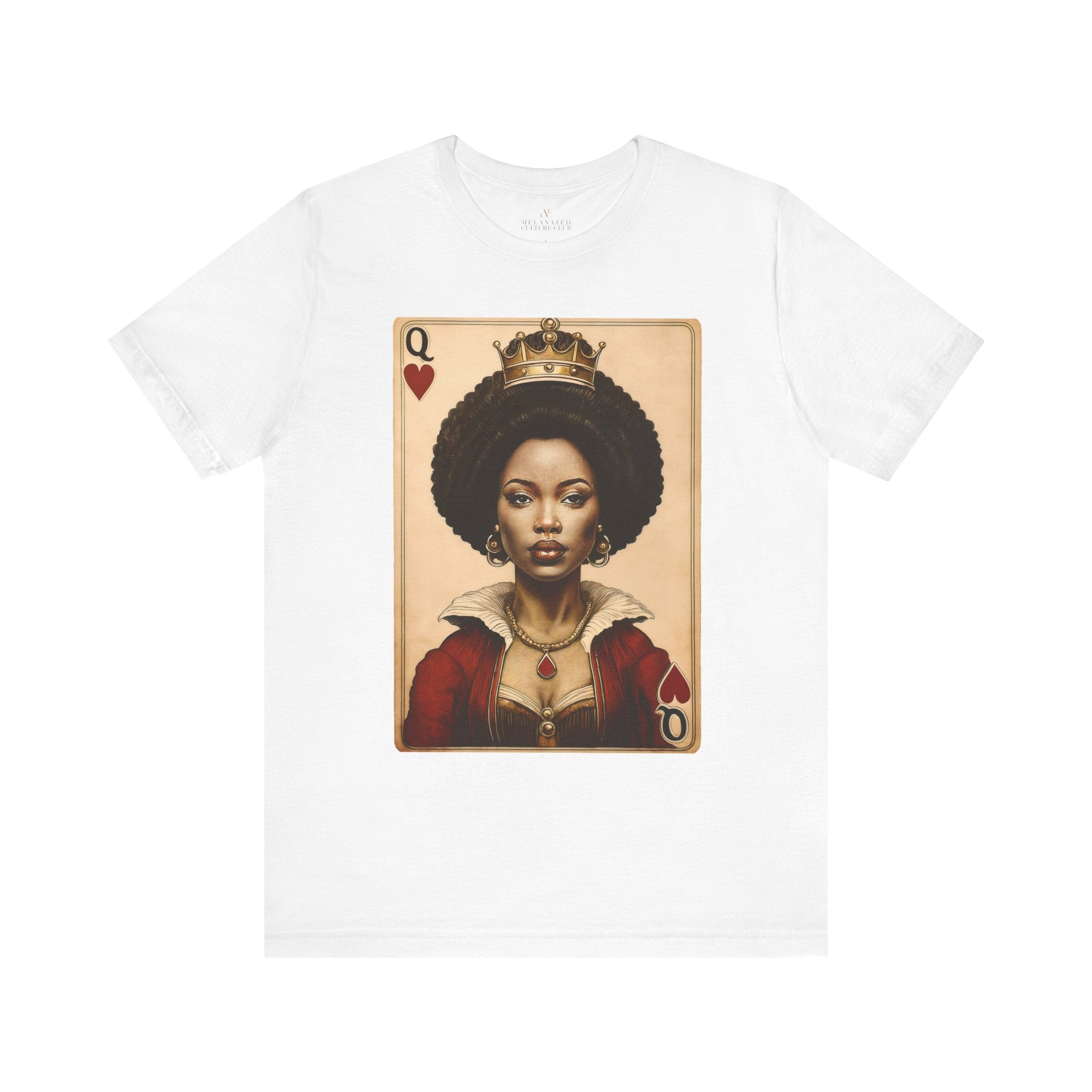 Black Queen of Hearts Tee Shirt featuring an illustrated African American woman with an afro and gold crown, styled as the Queen of Hearts playing card. Afrocentric vintage-inspired streetwear design in bold red, gold, and black colors.