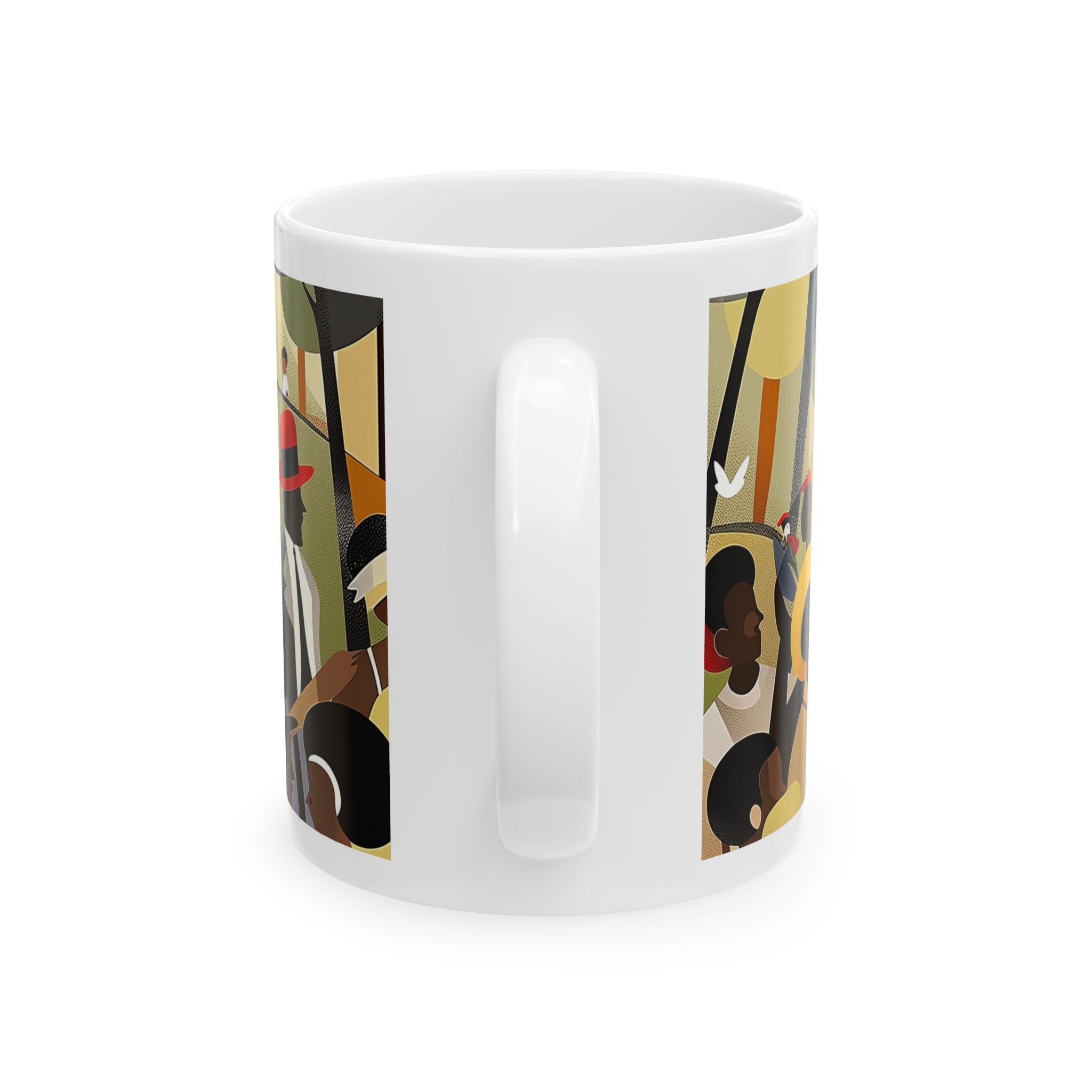 White ceramic mug with a colorful illustration of a group of people in a park. The illustration features people of different ages and skin tones wearing hats and clothing in various colors.