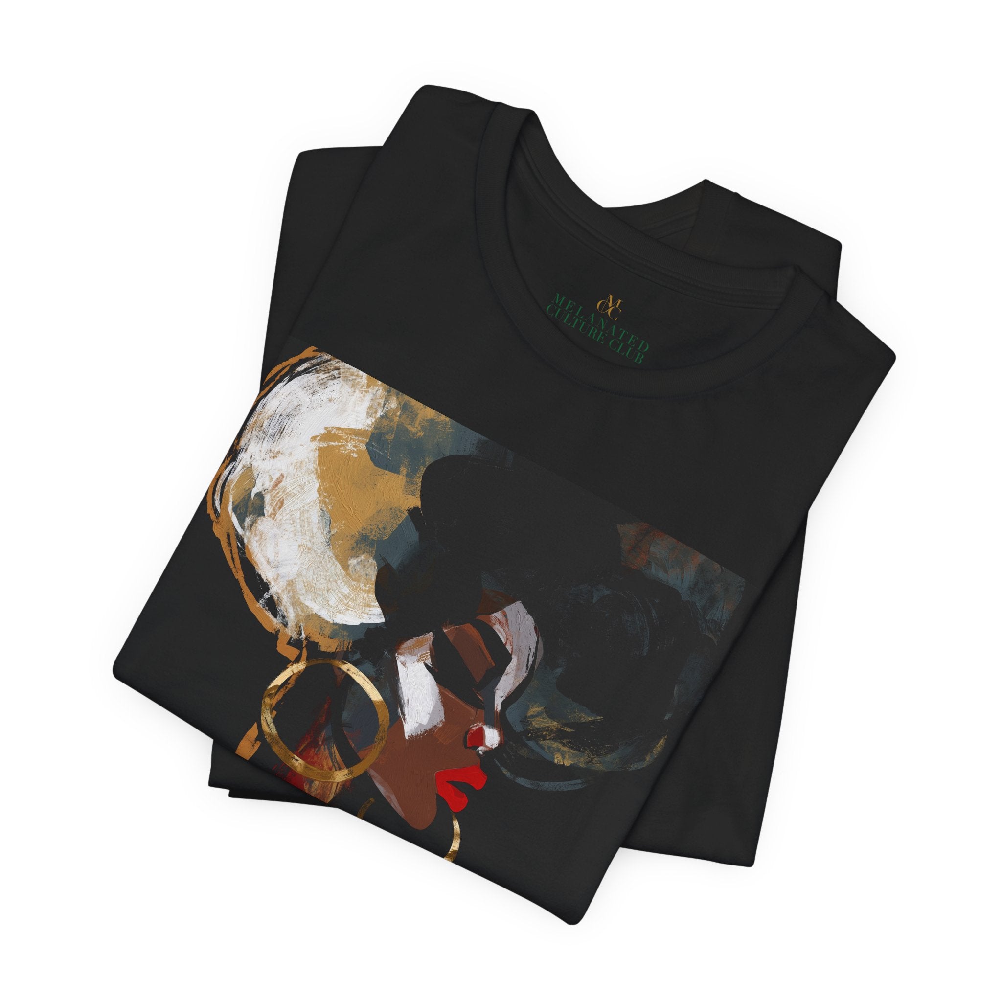 A folded black t-shirt short-sleeve crewneck t-shirt featuring a square graphic print of an abstract portrait of a Black woman with large hoop earrings on a black background.
