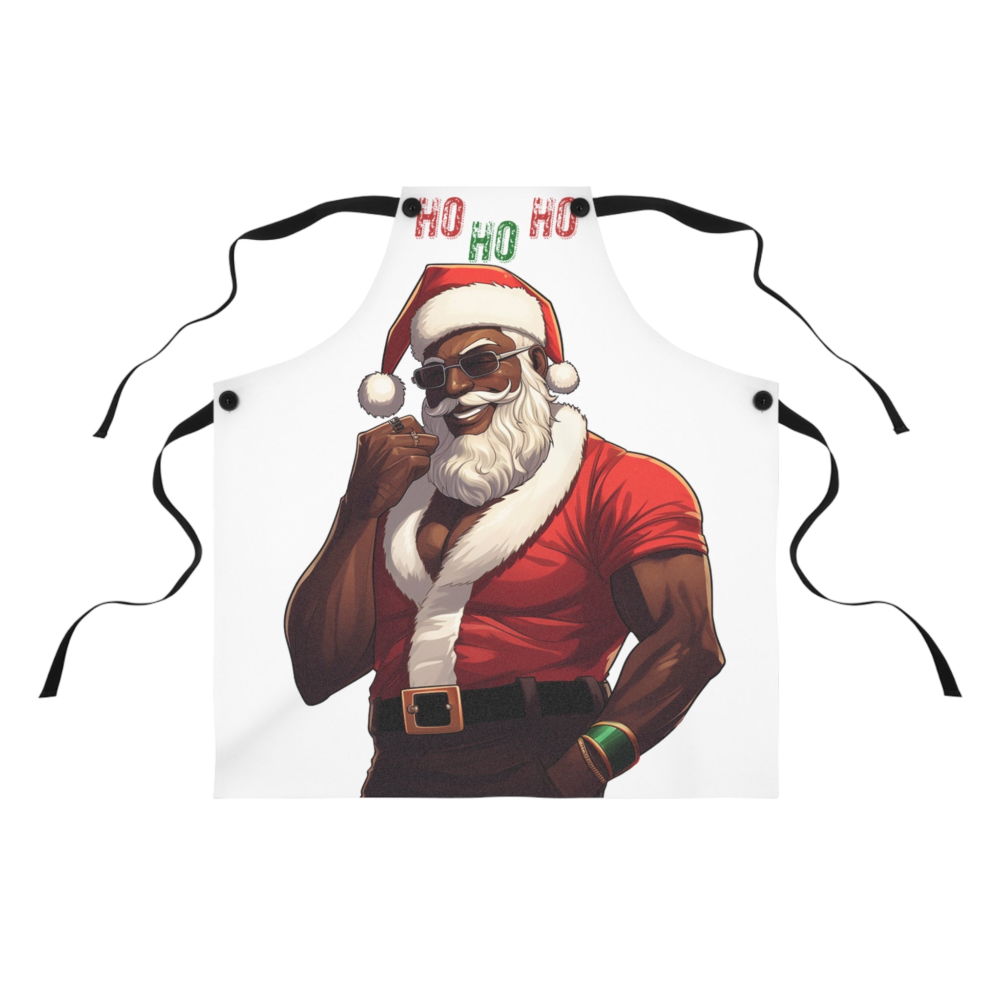 Black Santa Christmas Apron featuring an African American Santa Claus design, festive holiday kitchen apron perfect for Christmas cooking, baking, and holiday entertaining.
